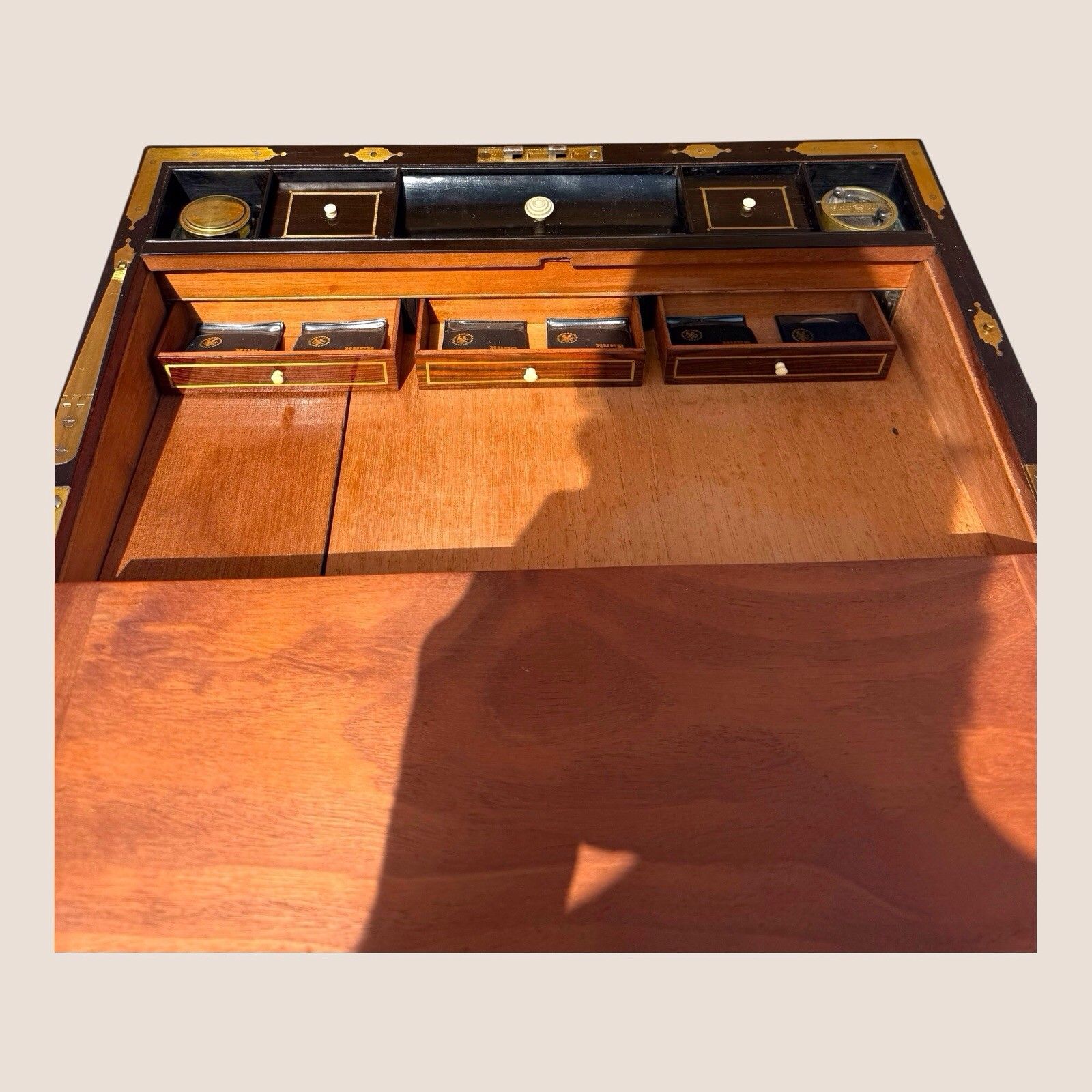 photo for sale Antique Regency Mahogany & Brass Inlaid Campaign Writing Slope Box With Drawer
