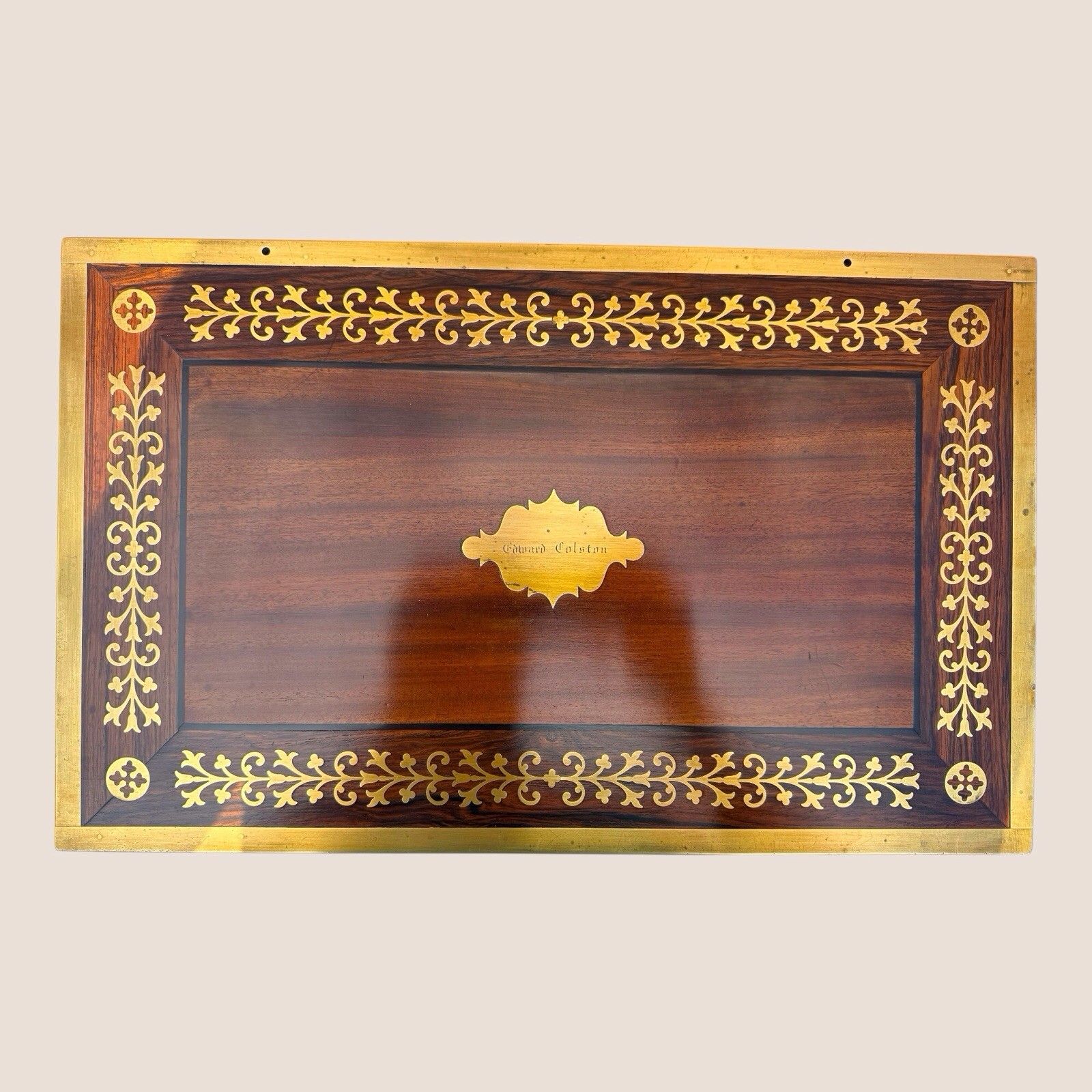 photo buy Antique Regency Mahogany & Brass Inlaid Campaign Writing Slope Box With Drawer