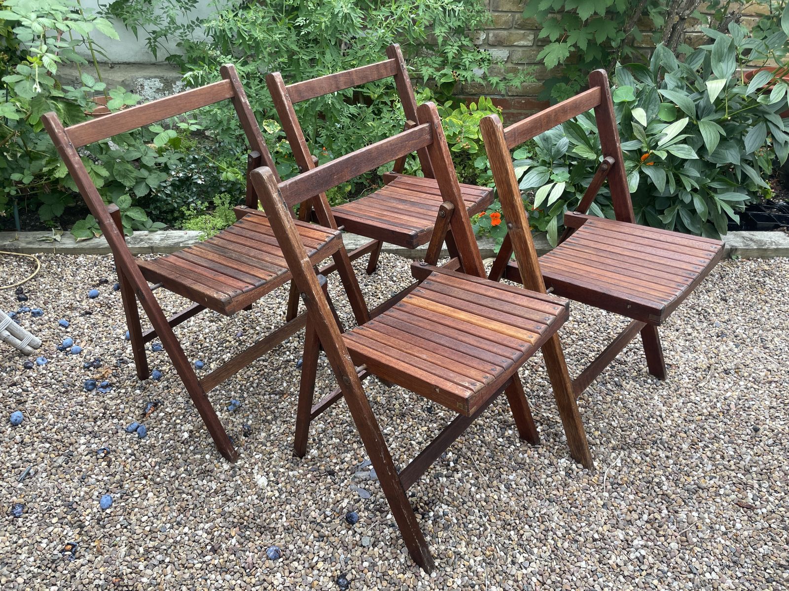 Set Of Four 4 Mid Century Teak Folding Garden Chairs 1950s   Refurbished   Folding Chairs photo Furniture