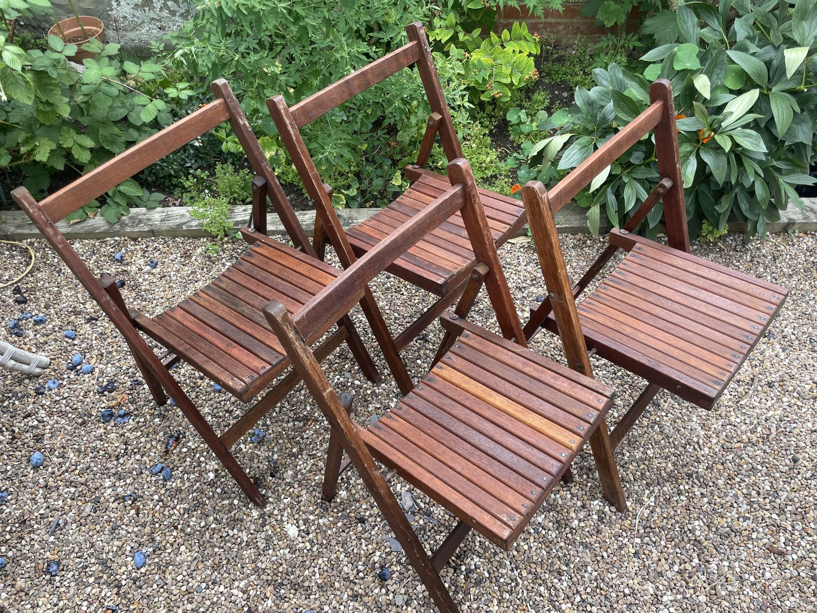 Set Of Four 4 Mid Century Teak Folding Garden Chairs 1950s   Refurbished   Folding Chairs photo vinterior