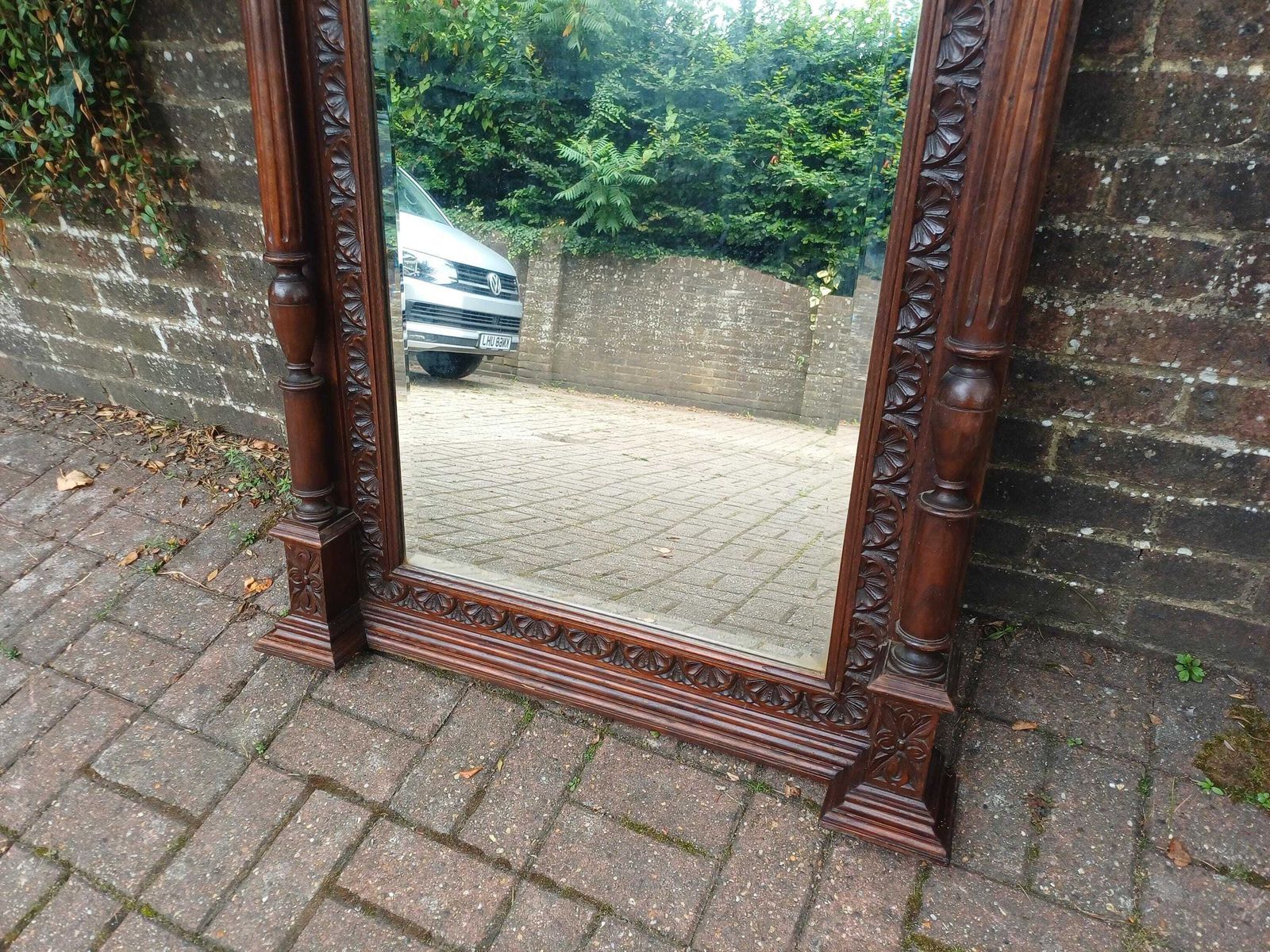 photo for sale Massive Antique Victorian Carved Oak Over Mantel Mirror Large Ornate Gothic Revival Hall Mirror C1880s Statement Mirror