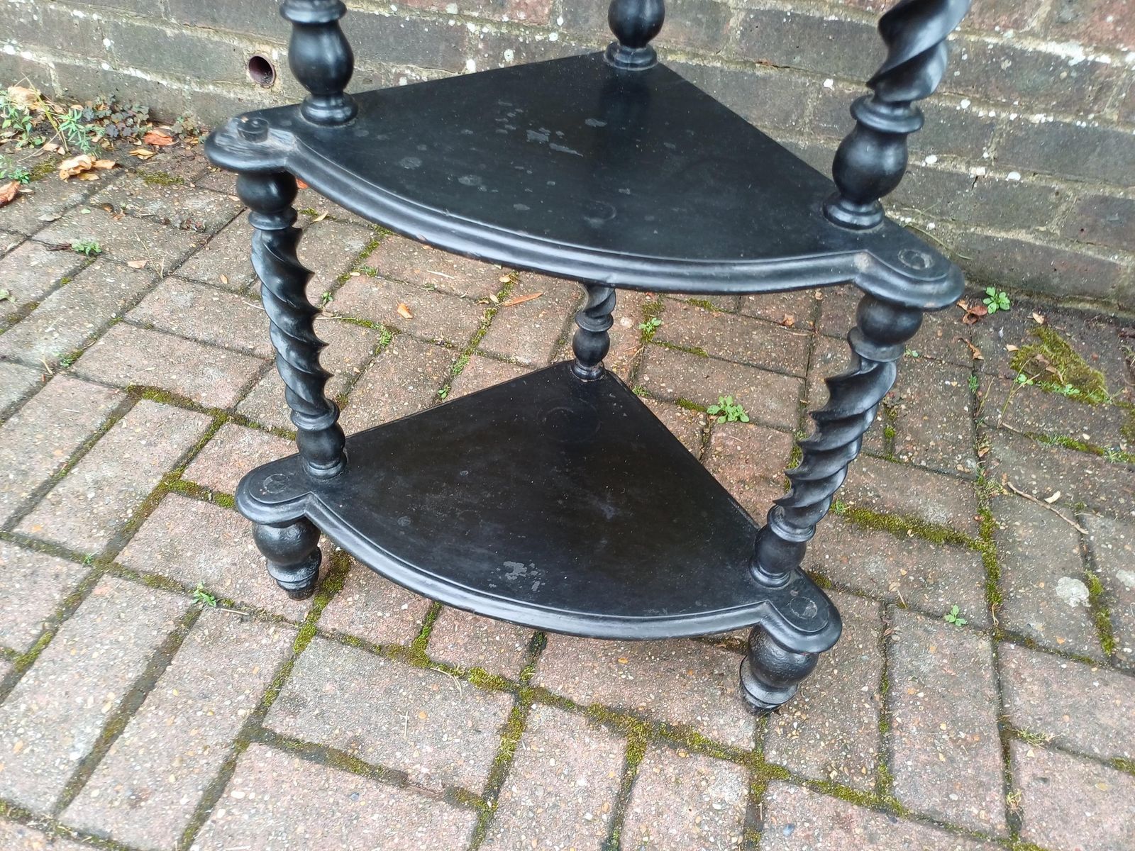 Antique Black Lacquered Effect Corner étagère With Barley Twist Legs 4 Tier Victorian Gothic Display Shelf Unit Ornate Carved Top Wot Not photo buy