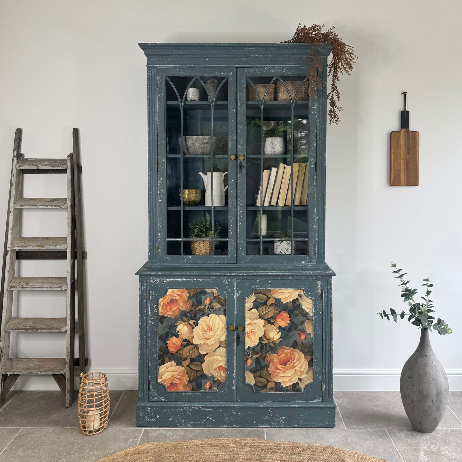 Rustic Glass Display Cabinet Painted Blue And Floral