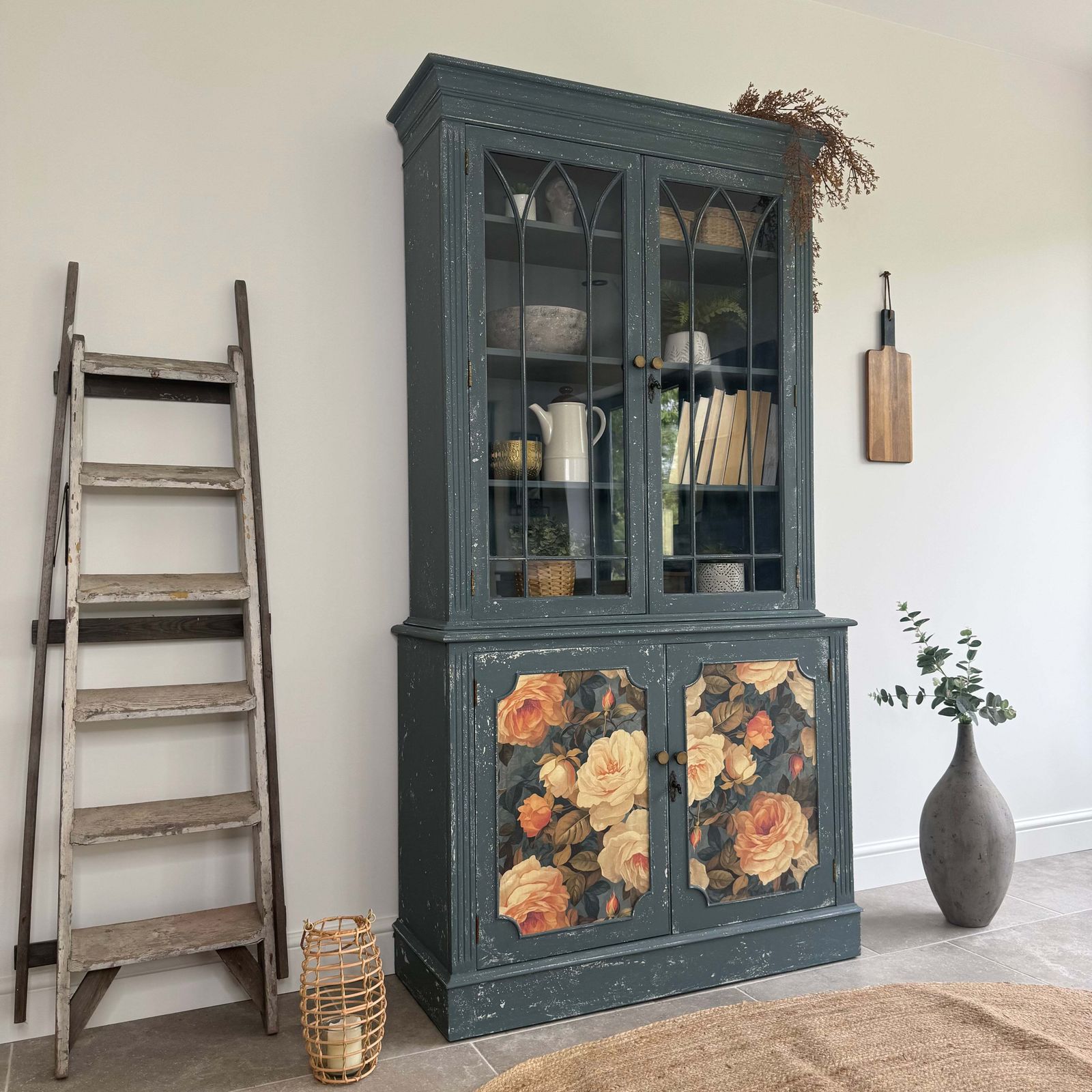 Rustic Glass Display Cabinet Painted Blue And Floral photo furniture