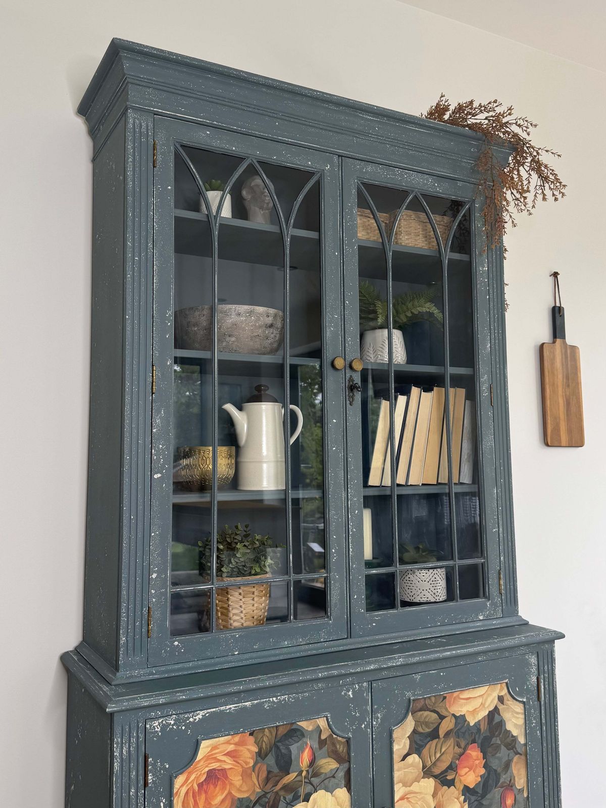 Rustic Glass Display Cabinet Painted Blue And Floral photo Furniture
