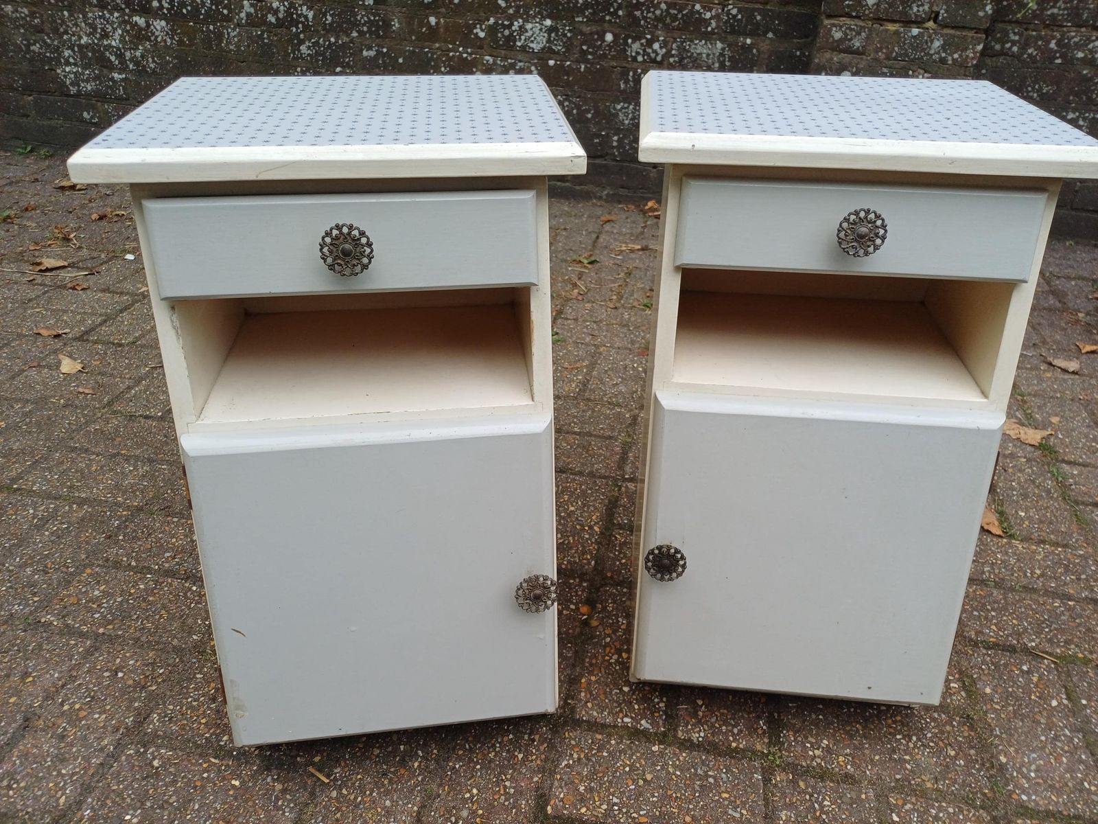 Dalek Lookalike! Cute Pair Of 1950s Retro Bedside Cupboards Star Pattern Tops Slanted Front Storage Vintage Cabinets Upcycled Nightstands photo vintage