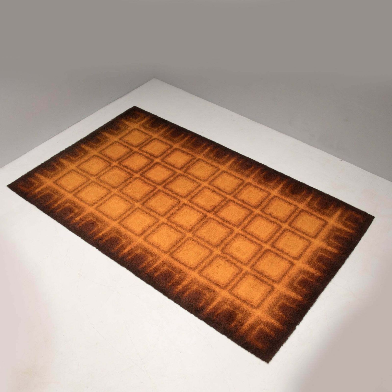 1970's Geometric Orange & Brown Shag Pile Rug photo Textiles