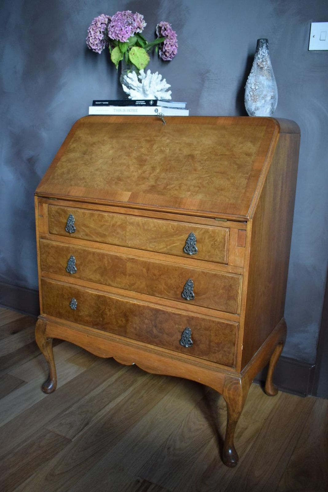 Stunning Antique Burr And Burl Wood C. 1900s Walnut Writing Bureau photo vinterior