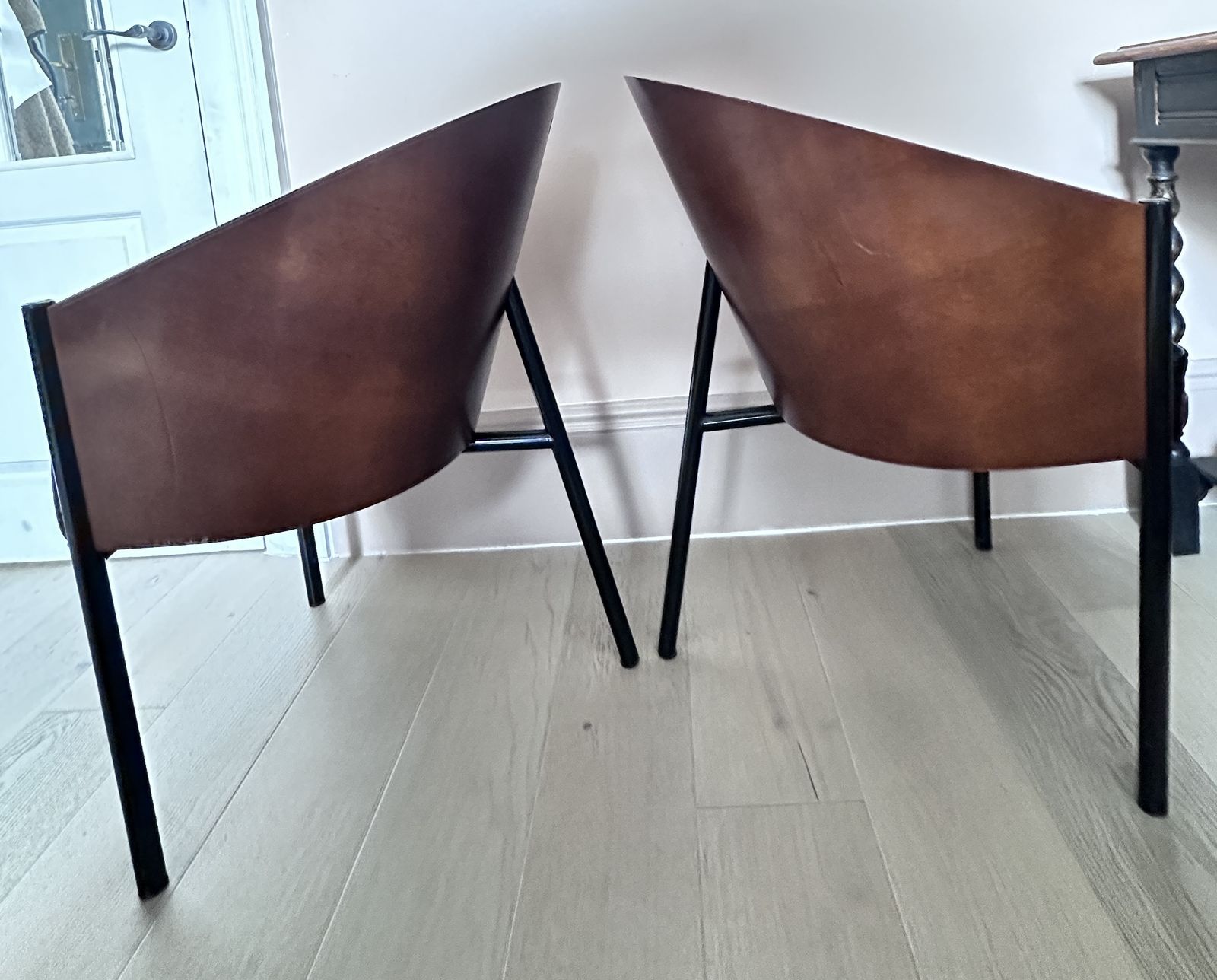 Set Of 2 Phillippe Starck Wood & Leather Chairs For Costes Café Paris photo for sale