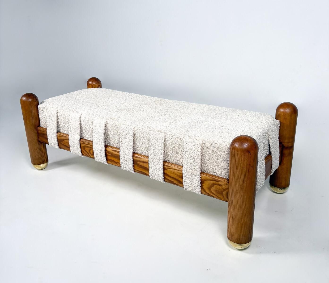 Contemporary Bench, Brass And Wood And Beige Fabric, Italy photo vinterior
