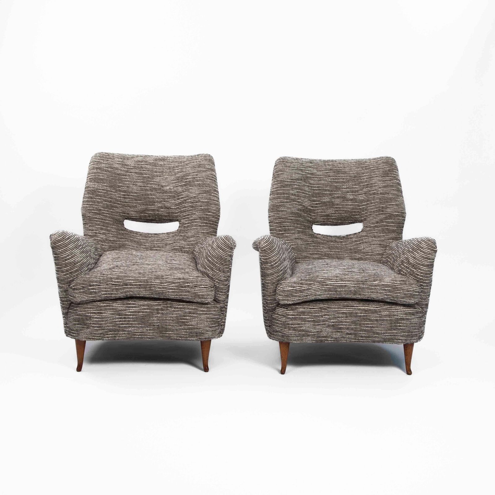 Pair Of Mid Century Italian Curved Armchairs Brown Offhwite Bouclé Fabric 1950s photo for sale