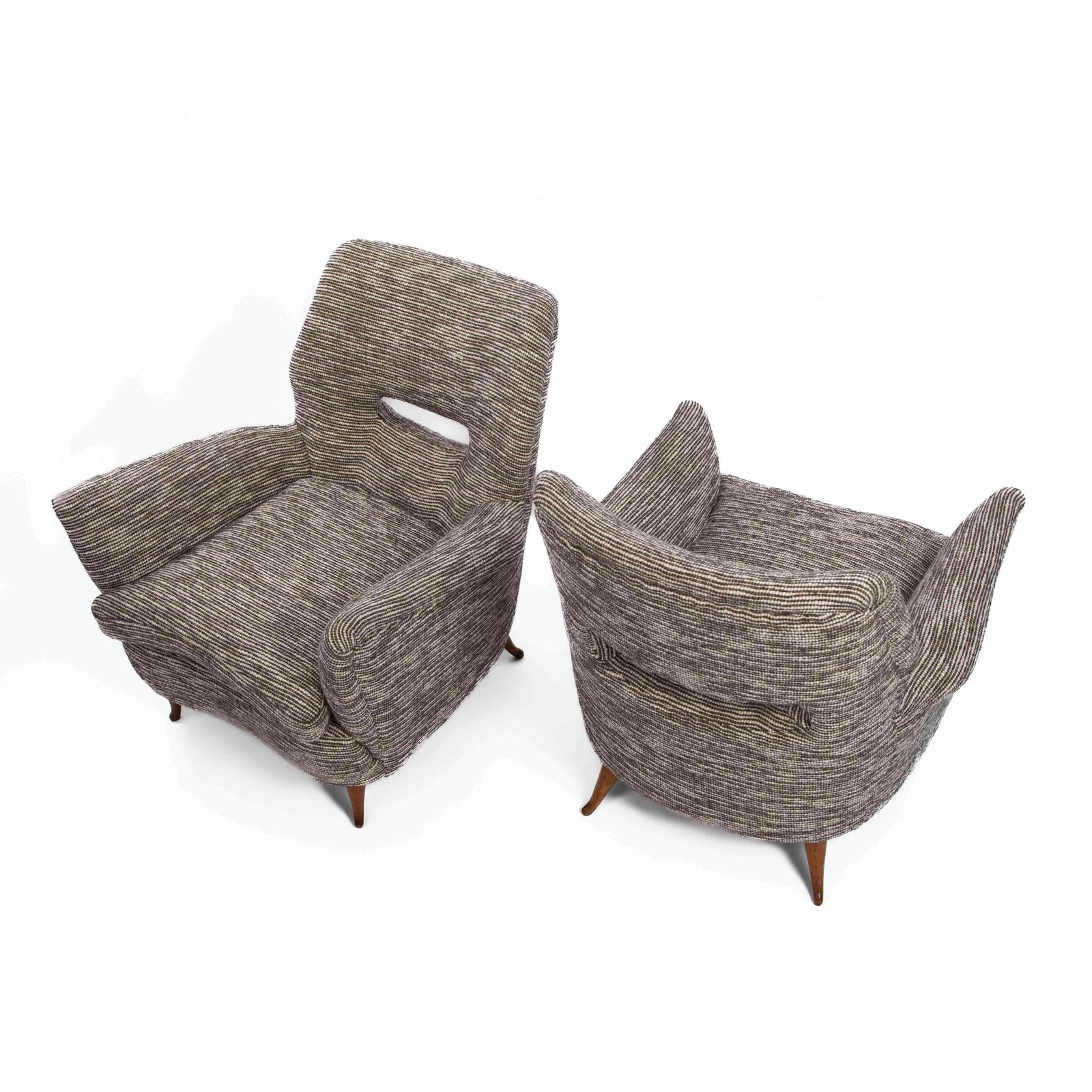 Pair Of Mid Century Italian Curved Armchairs Brown Offhwite Bouclé Fabric 1950s photo buy