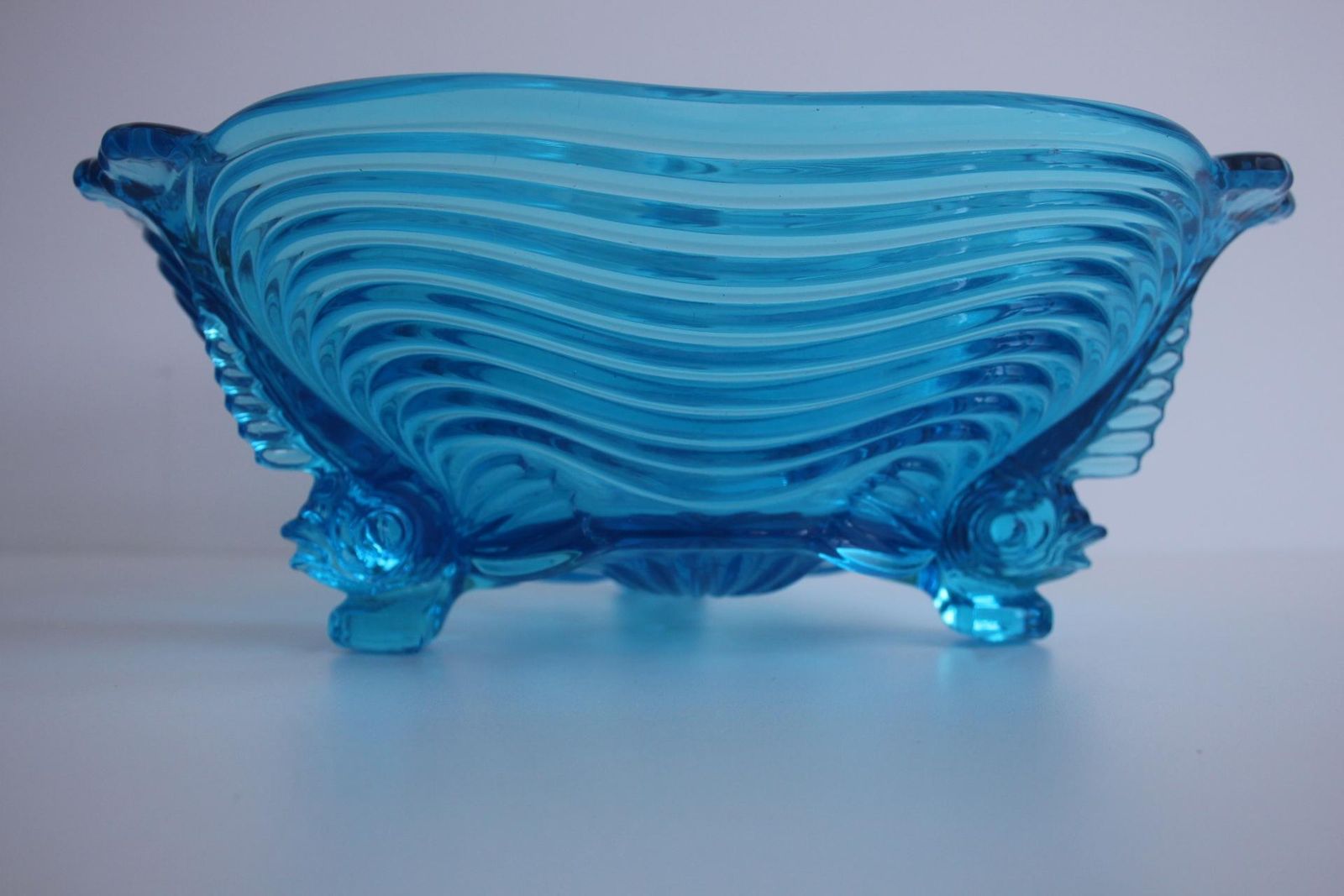 photo furniture Rare Art Deco Glass Josef Inwald With Fish Feet Bowl Gorgeous Rich Blue, 1930s