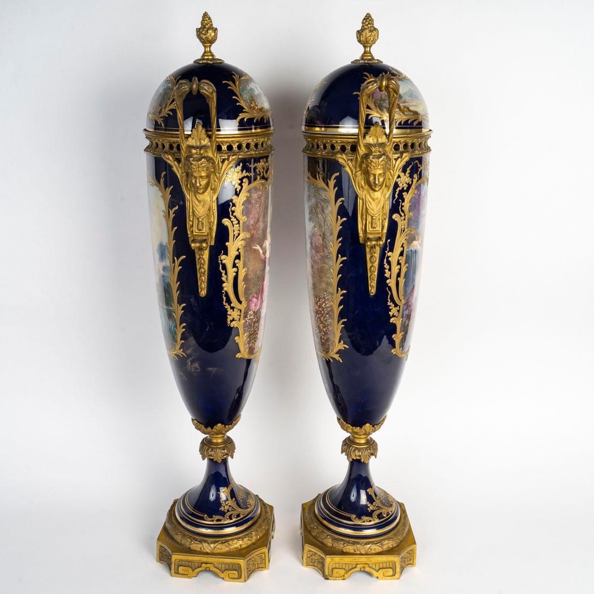 Pair Of Covered Vases In Sèvres Porcelain, Napoleon III Period, 19th Century. photo for sale