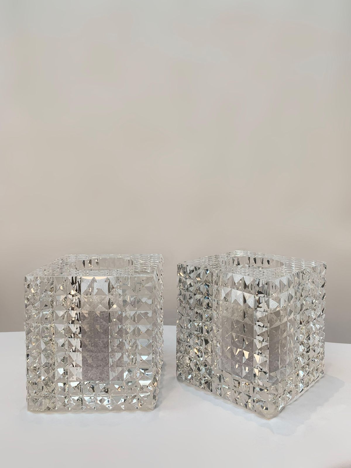 Pair Of Veritas Contemporary Faceted Optical Glass Square Vases, Texas, 2016 photo buy