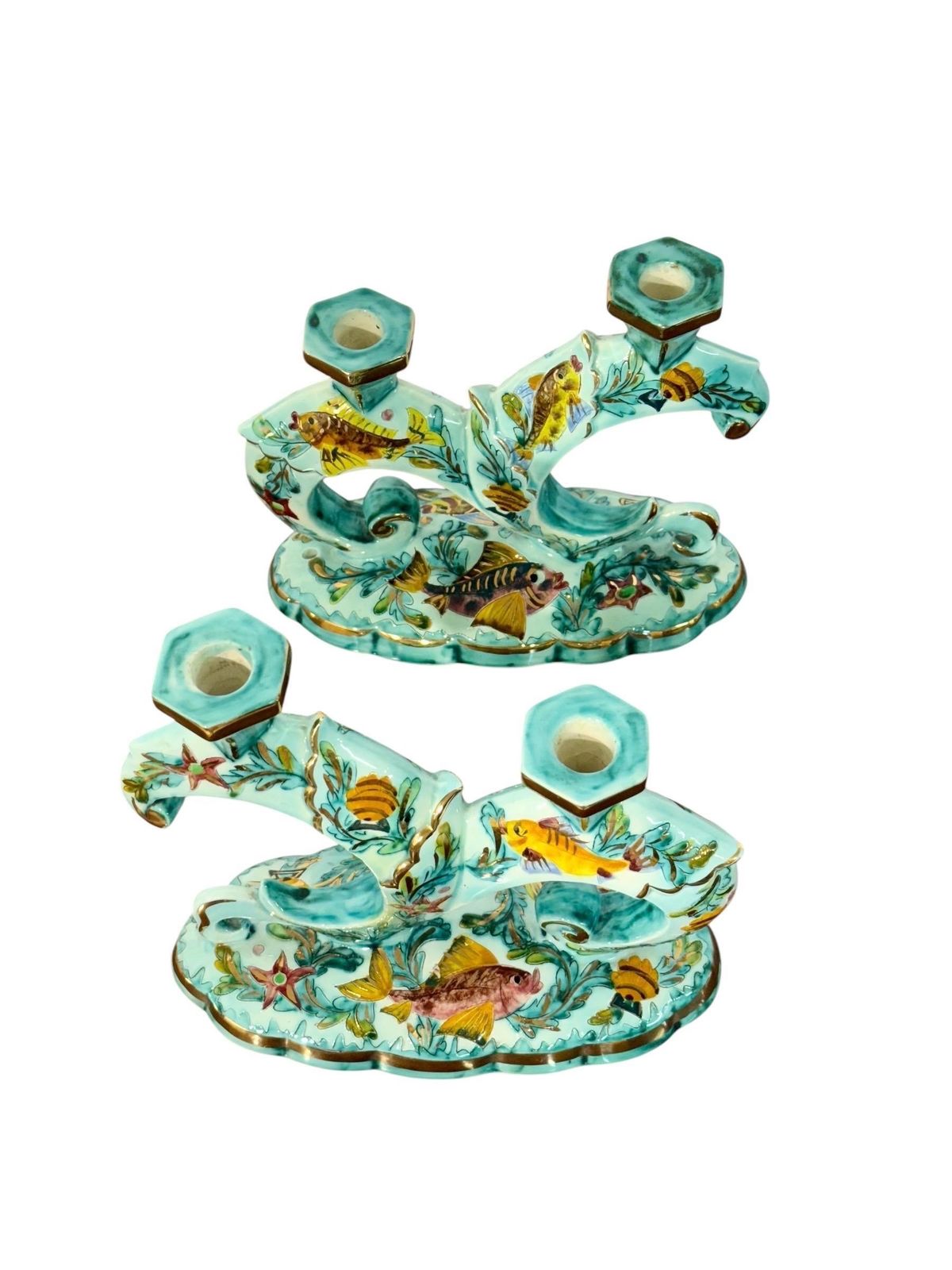 Rare Signed Monaco Majolica Double Candlesticks With Marine Décor photo for sale