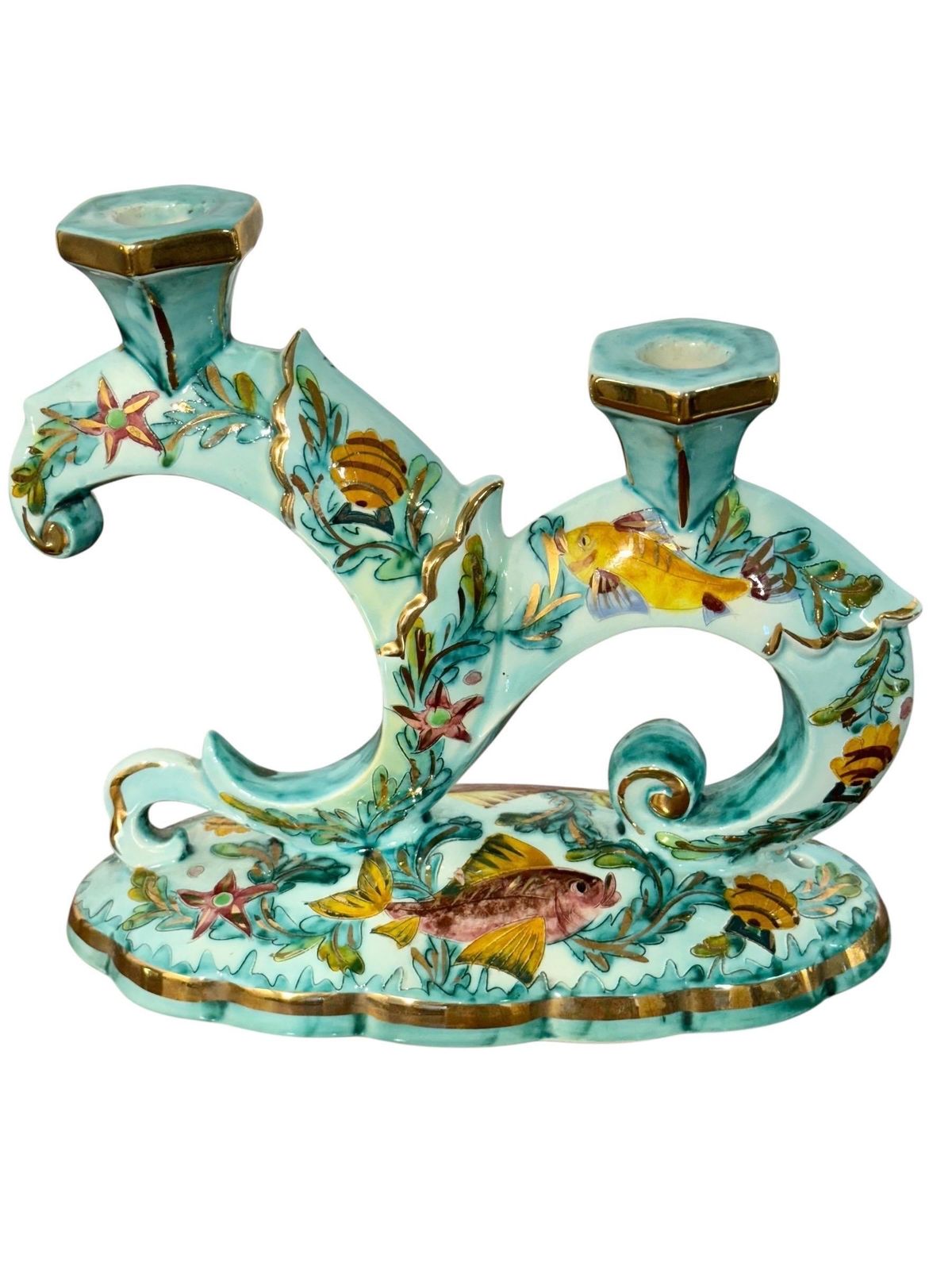 Rare Signed Monaco Majolica Double Candlesticks With Marine Décor photo buy