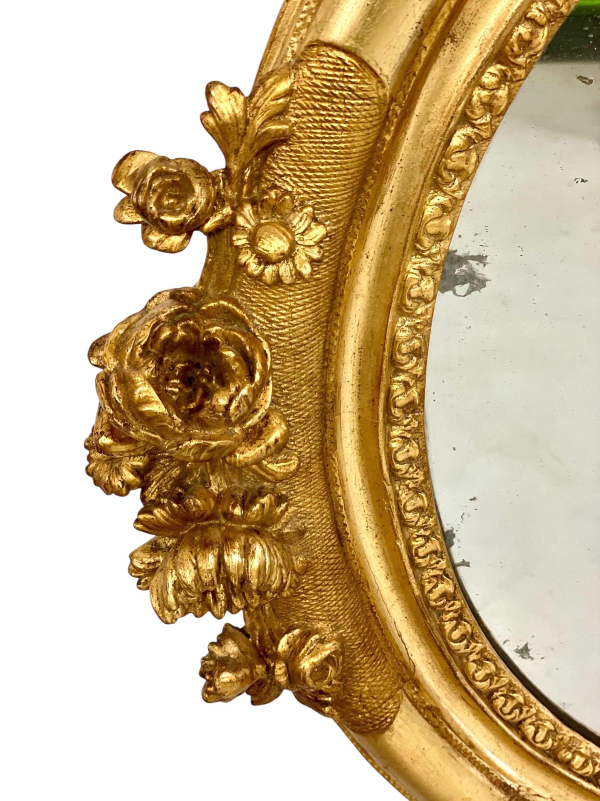 photo for sale Antique Louis XVI Giltwood Oval Mirror With Floral Carving