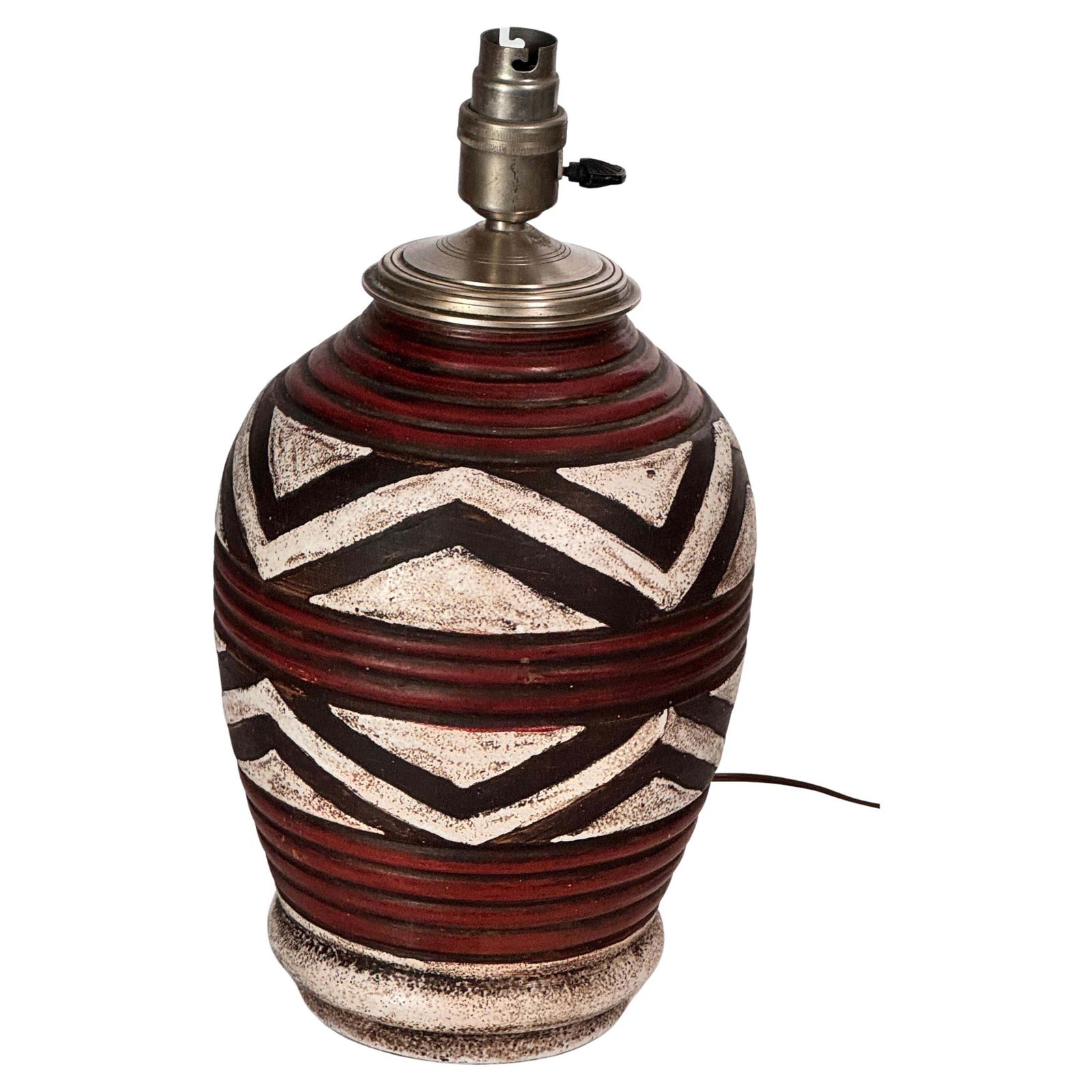 1930s French Art Deco Lamp In Crackled Ceramic And Brass  Geometric Red Motifs photo for sale