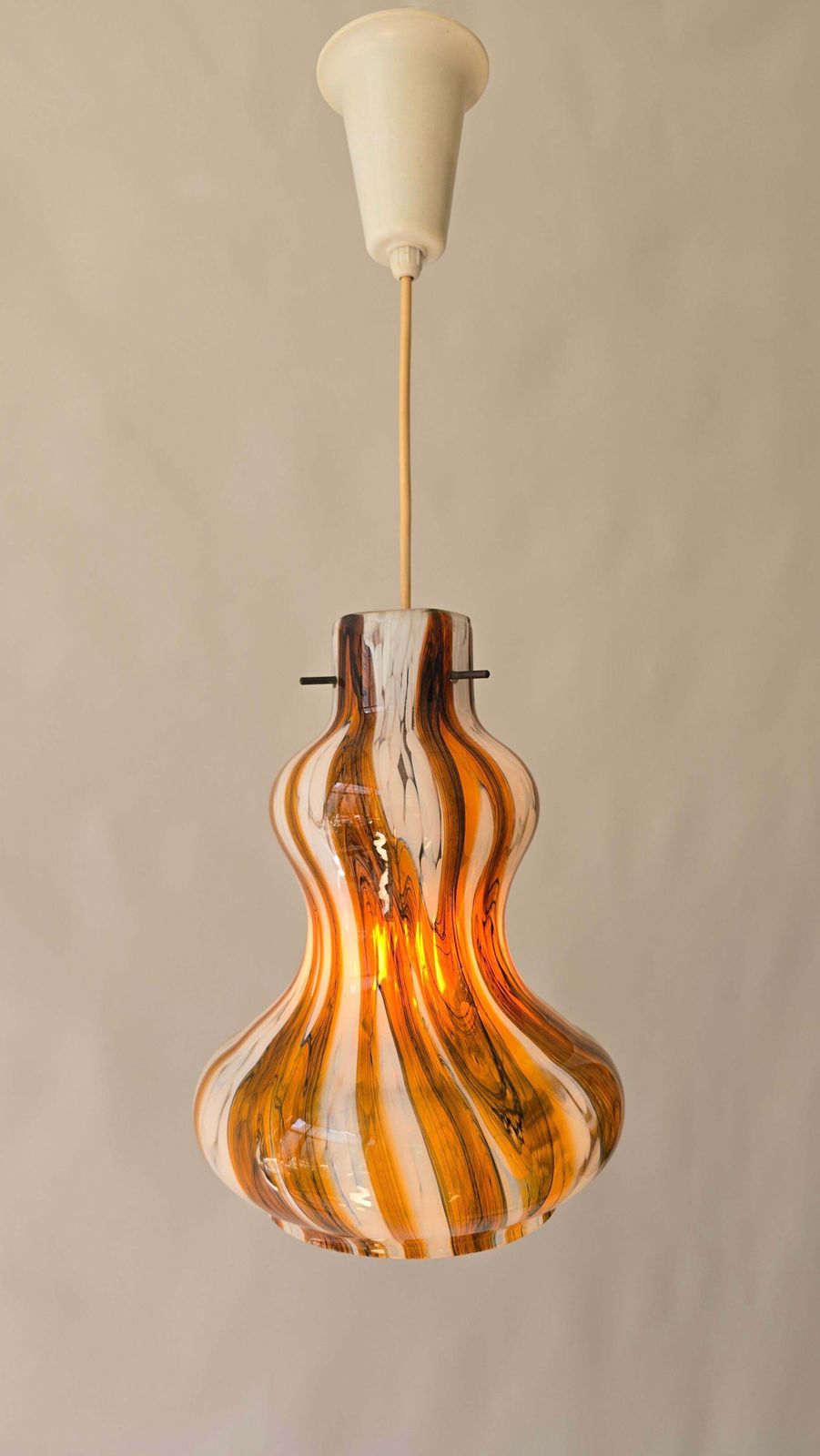 Vintage Murano Glass Pendant Light With Amber And White Swirl, Italy, 1960s photo furniture