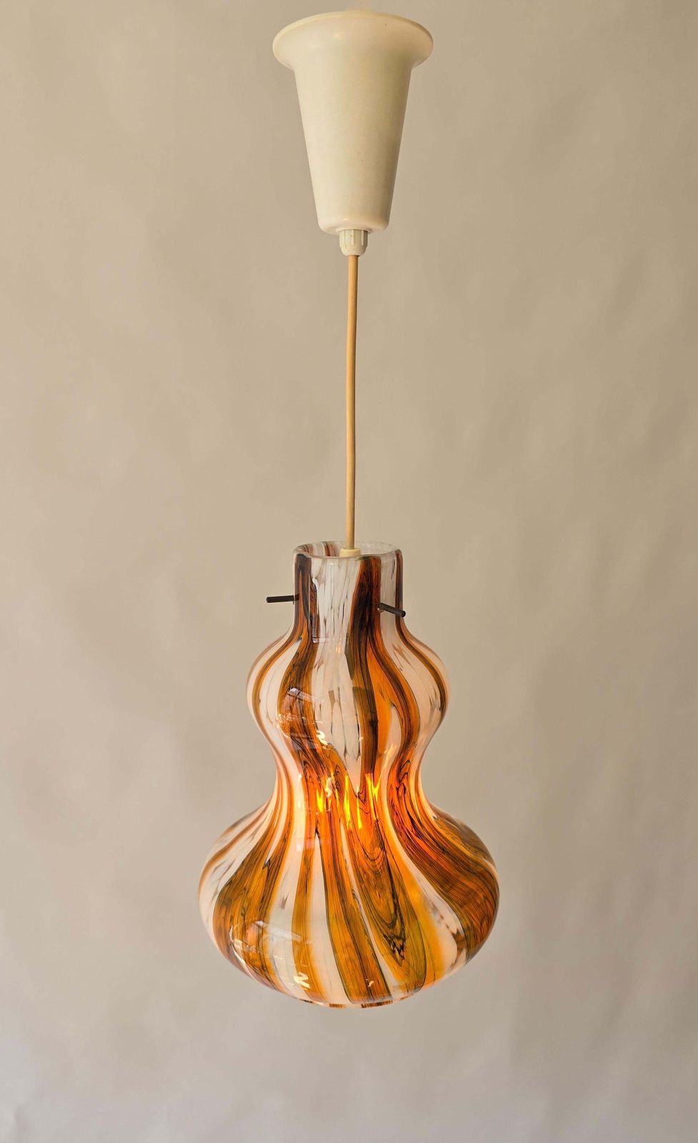 Vintage Murano Glass Pendant Light With Amber And White Swirl, Italy, 1960s photo for sale