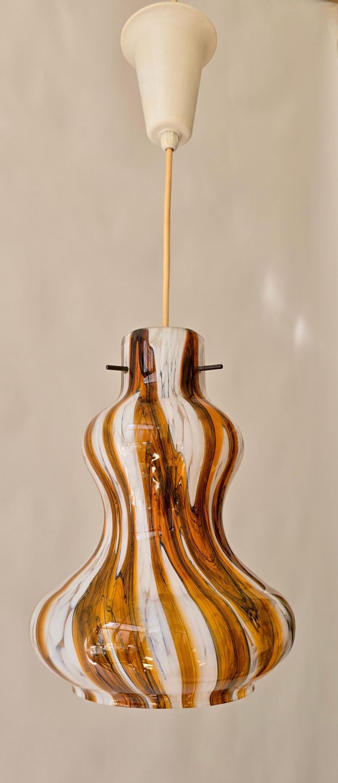 Vintage Murano Glass Pendant Light With Amber And White Swirl, Italy, 1960s photo Lighting