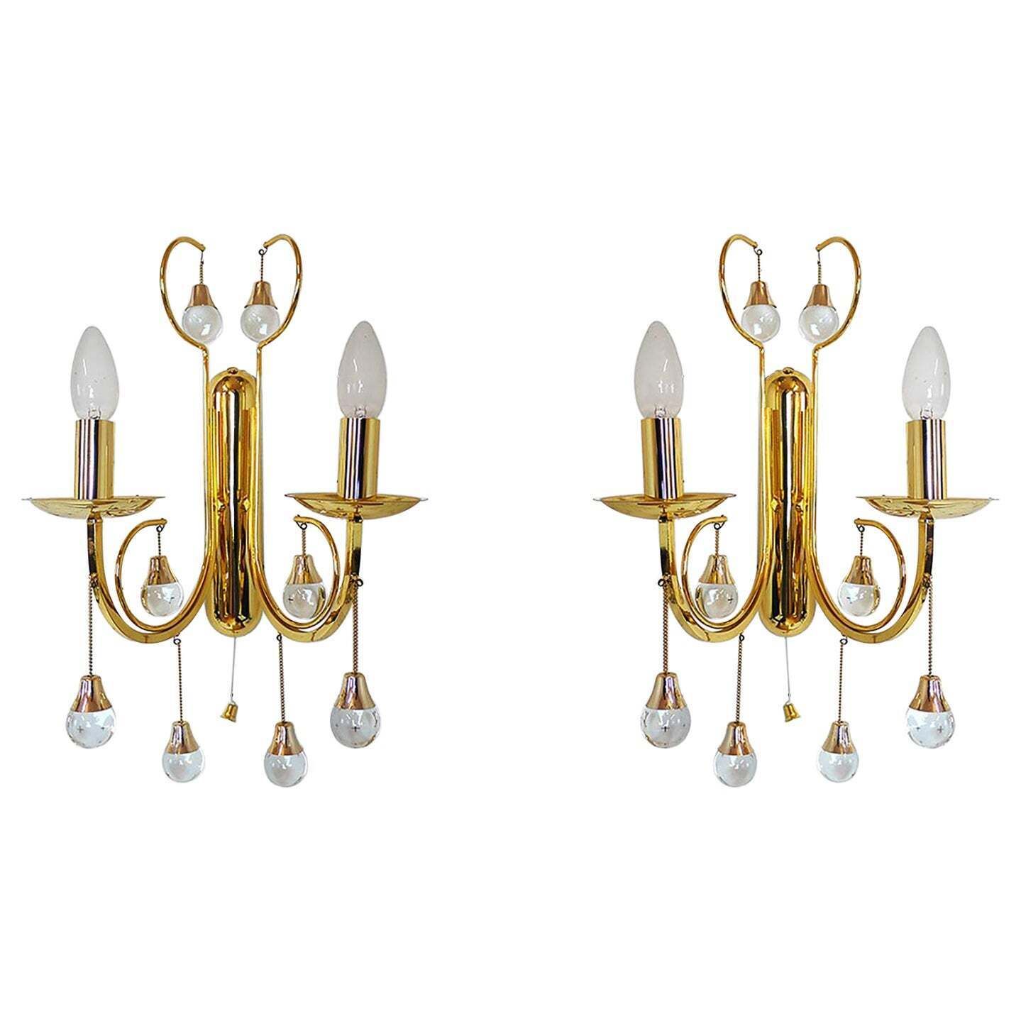 Murano Teardrop Wall Sconces Glass & Gilt Brass By Gaetano Sciolari, Set Of 2