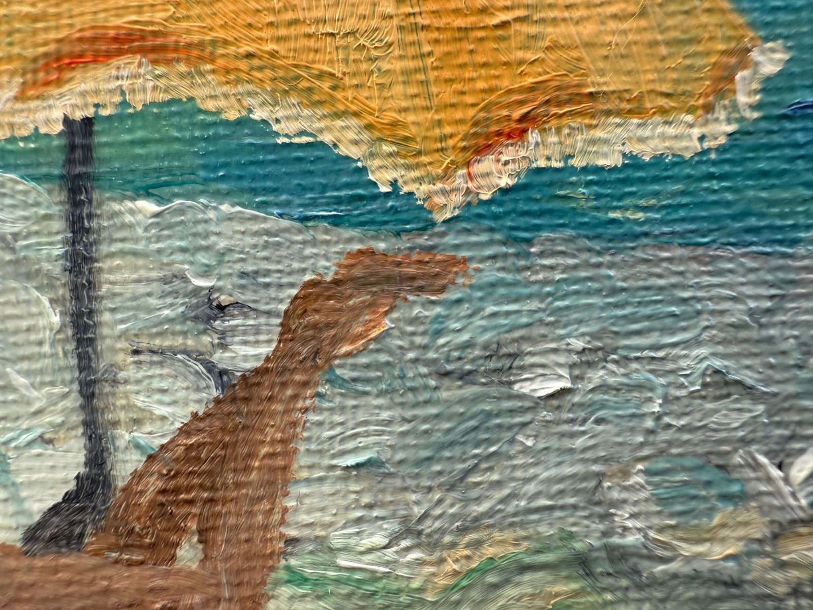 Bernadette Van Baarsen Turquoise And Yellow Provençal Beach Scene. Oil On Canvas. The Yellow Parasol.2025 photo Art