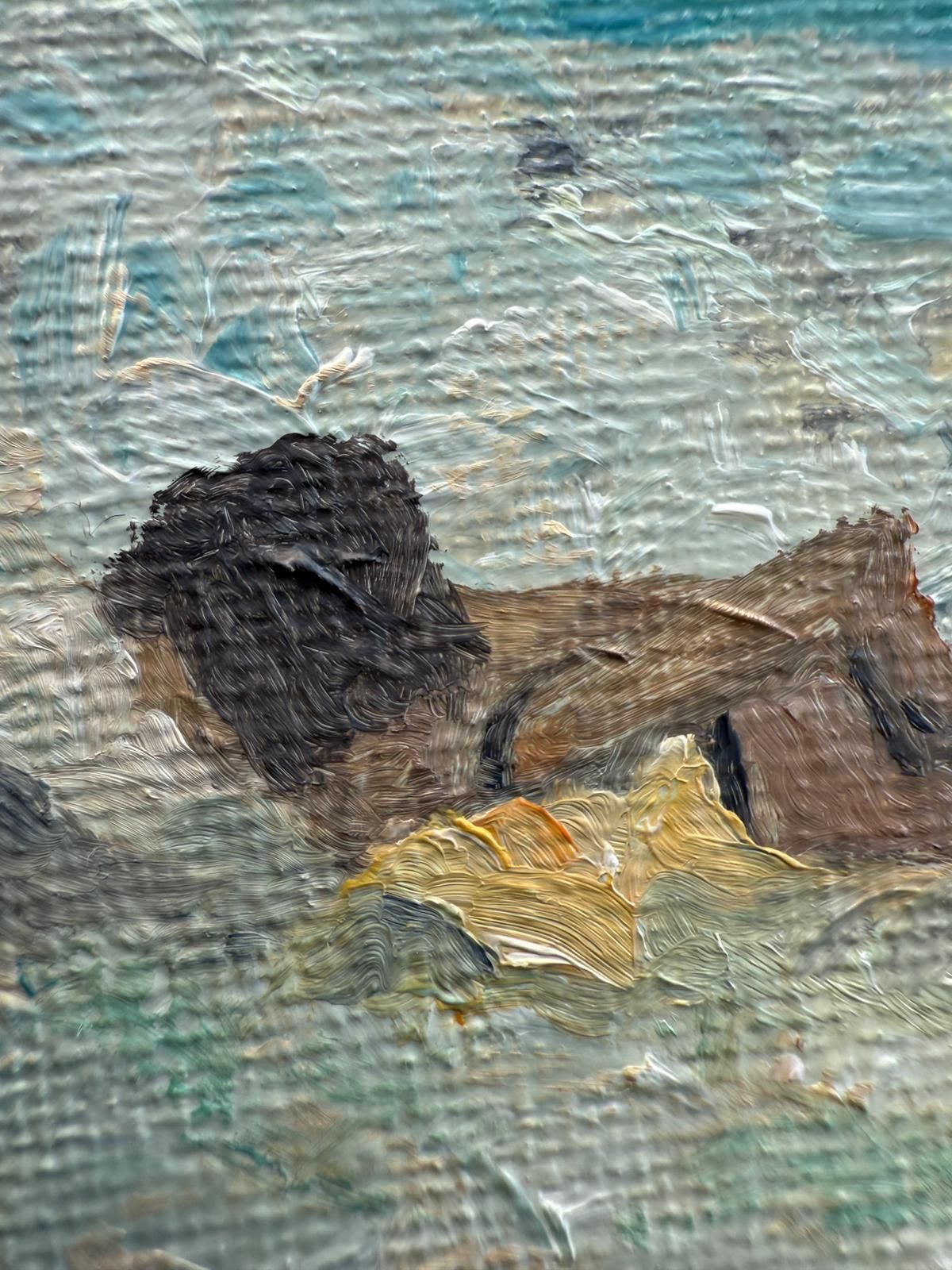 Bernadette Van Baarsen Turquoise And Yellow Provençal Beach Scene. Oil On Canvas. The Yellow Parasol.2025 photo 539.0