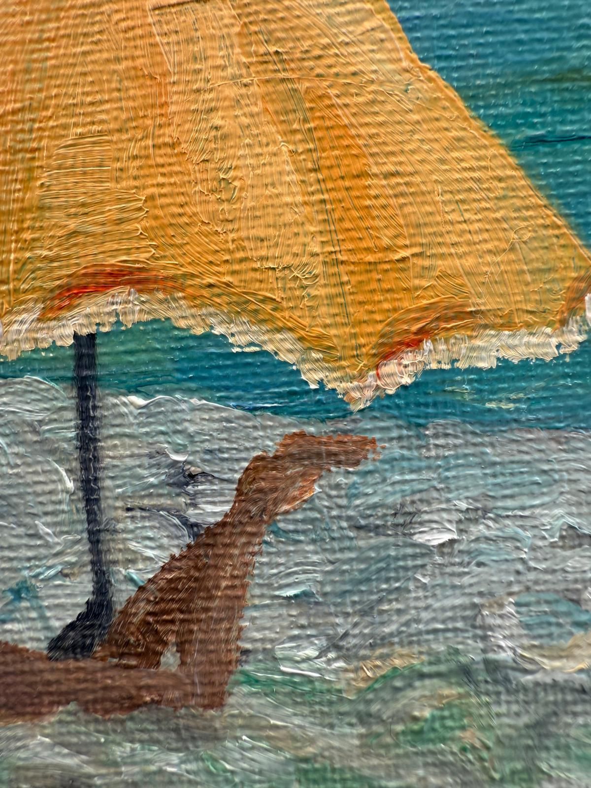 Bernadette Van Baarsen Turquoise And Yellow Provençal Beach Scene. Oil On Canvas. The Yellow Parasol.2025 photo vinterior