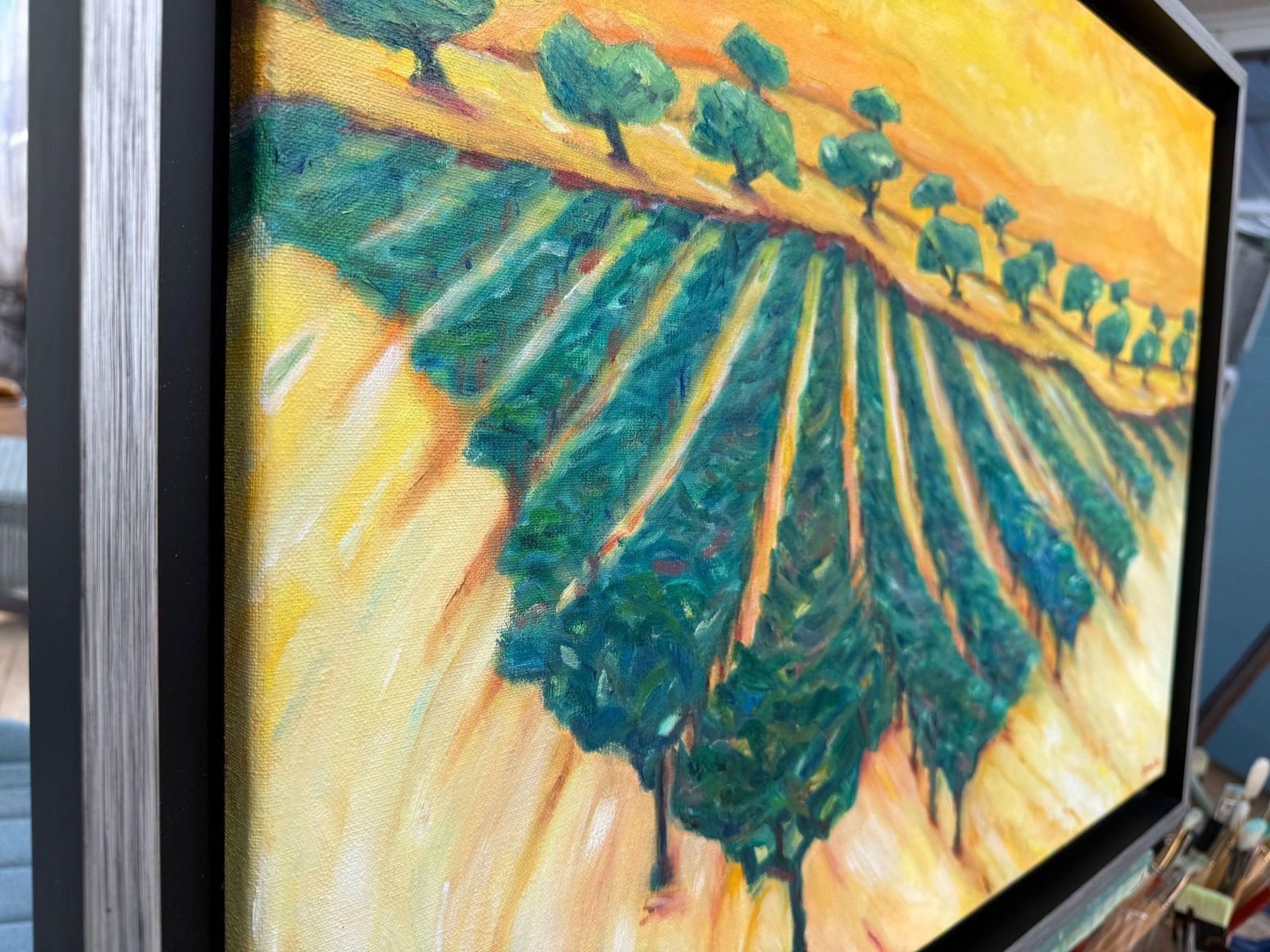 1761.0 Bernadette Van Baarsen Green & Yellow Provençal Landscape In Oil On Canvas. 'Range De Rolle'.2023 photo