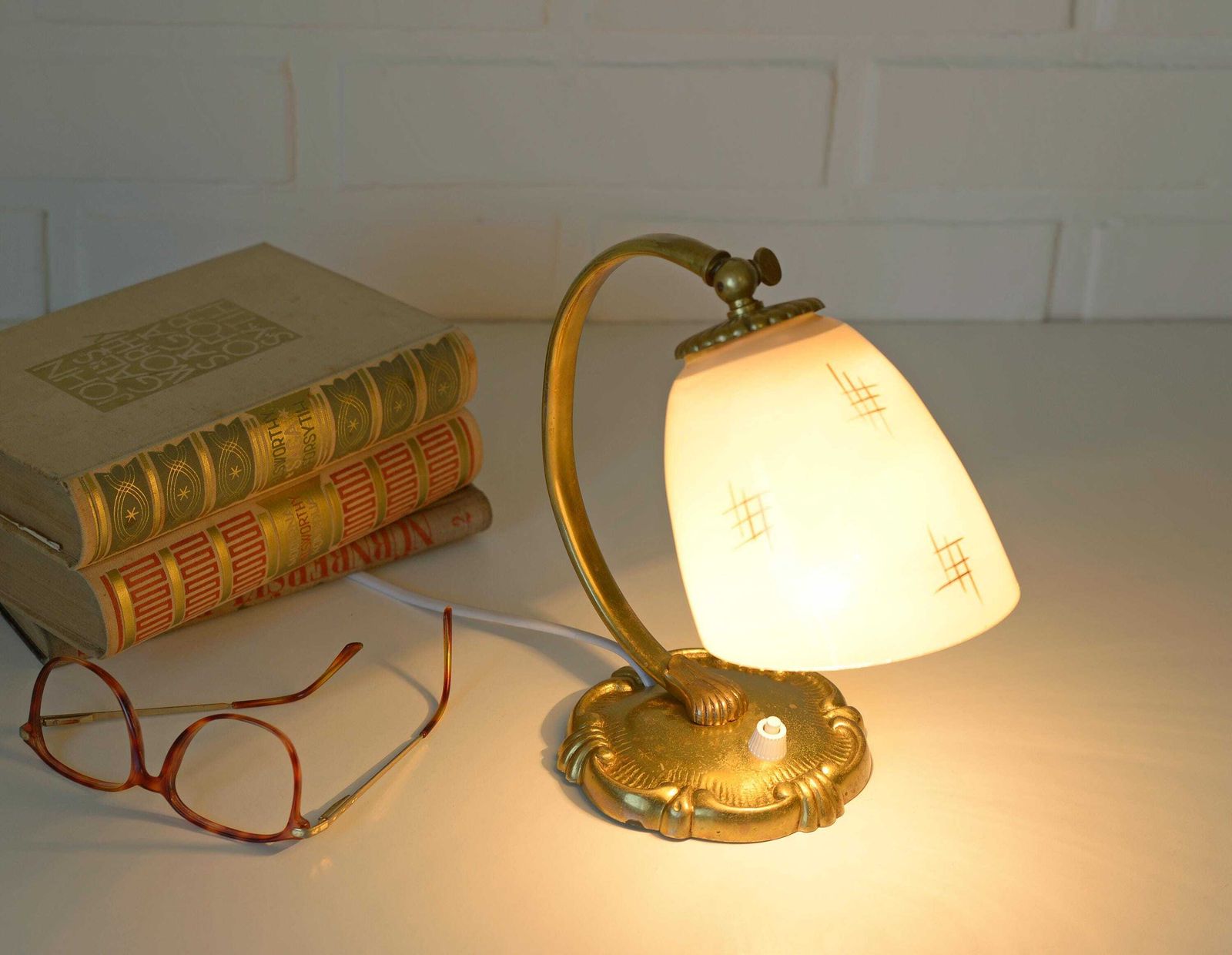 Antique Bedside Lamp / Art Deco Desk Lamp / Brass Table Light / Hand Blown Glass / Handmade Light Fixture 1940's photo 232.0