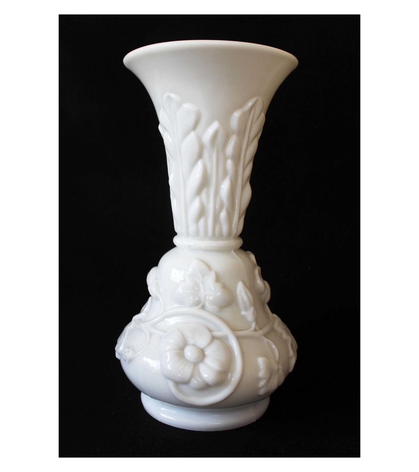 Tall Antique White Opaline Vase, French, Style Saint Louis Vase, Art Glass, Pressed Glass, Vine Leaves Flowers, Late 19th Century