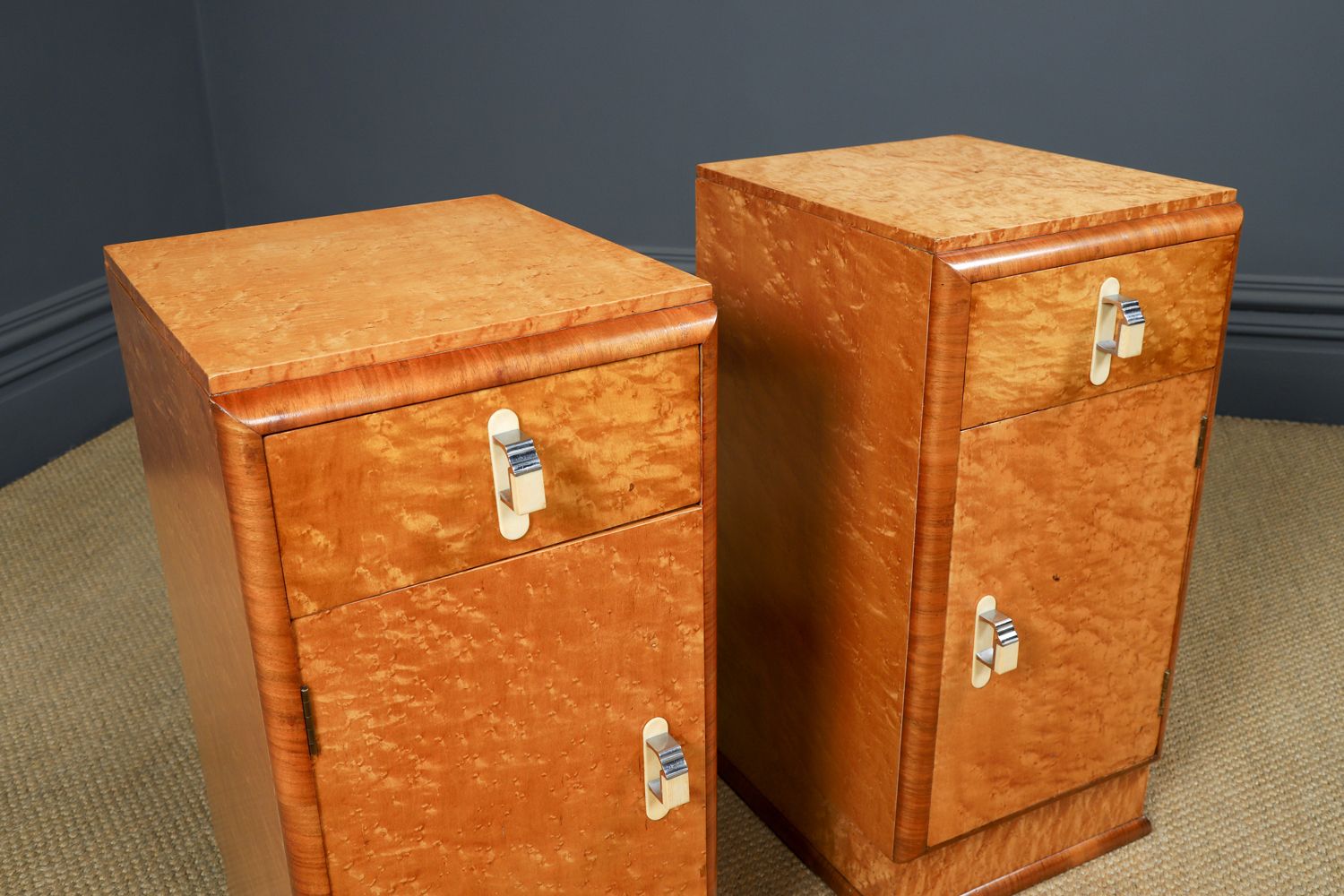 English Pair Of Art Deco Birds Eye Maple & Walnut Bedsides Cupboards Chests Cabinets Tables Nightstands (Circa 1930) photo Furniture