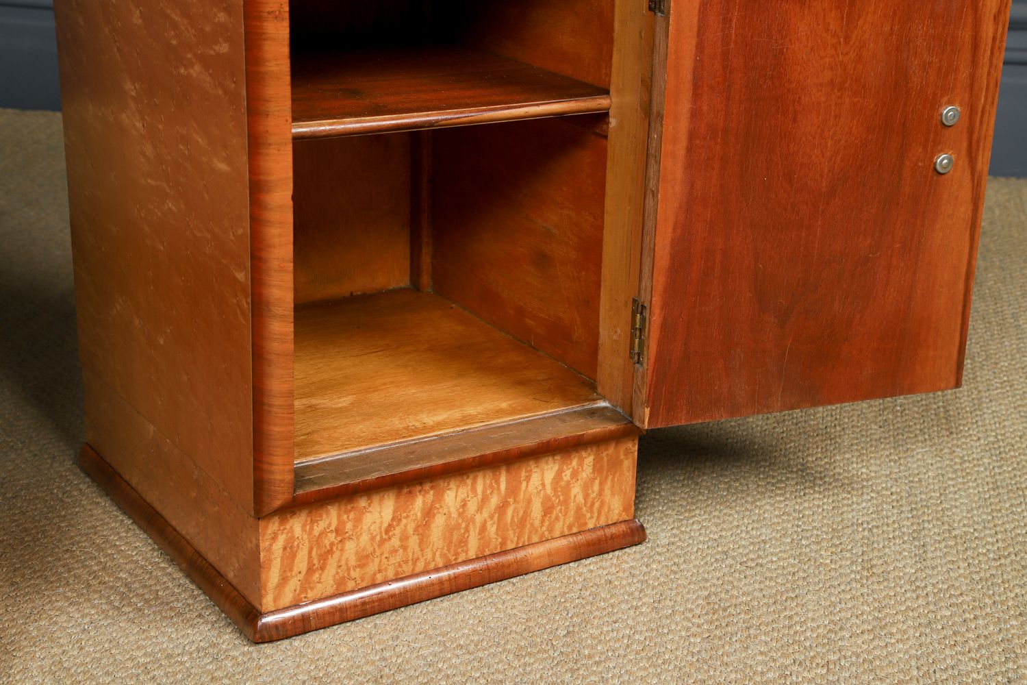 English Pair Of Art Deco Birds Eye Maple & Walnut Bedsides Cupboards Chests Cabinets Tables Nightstands (Circa 1930) photo vintage