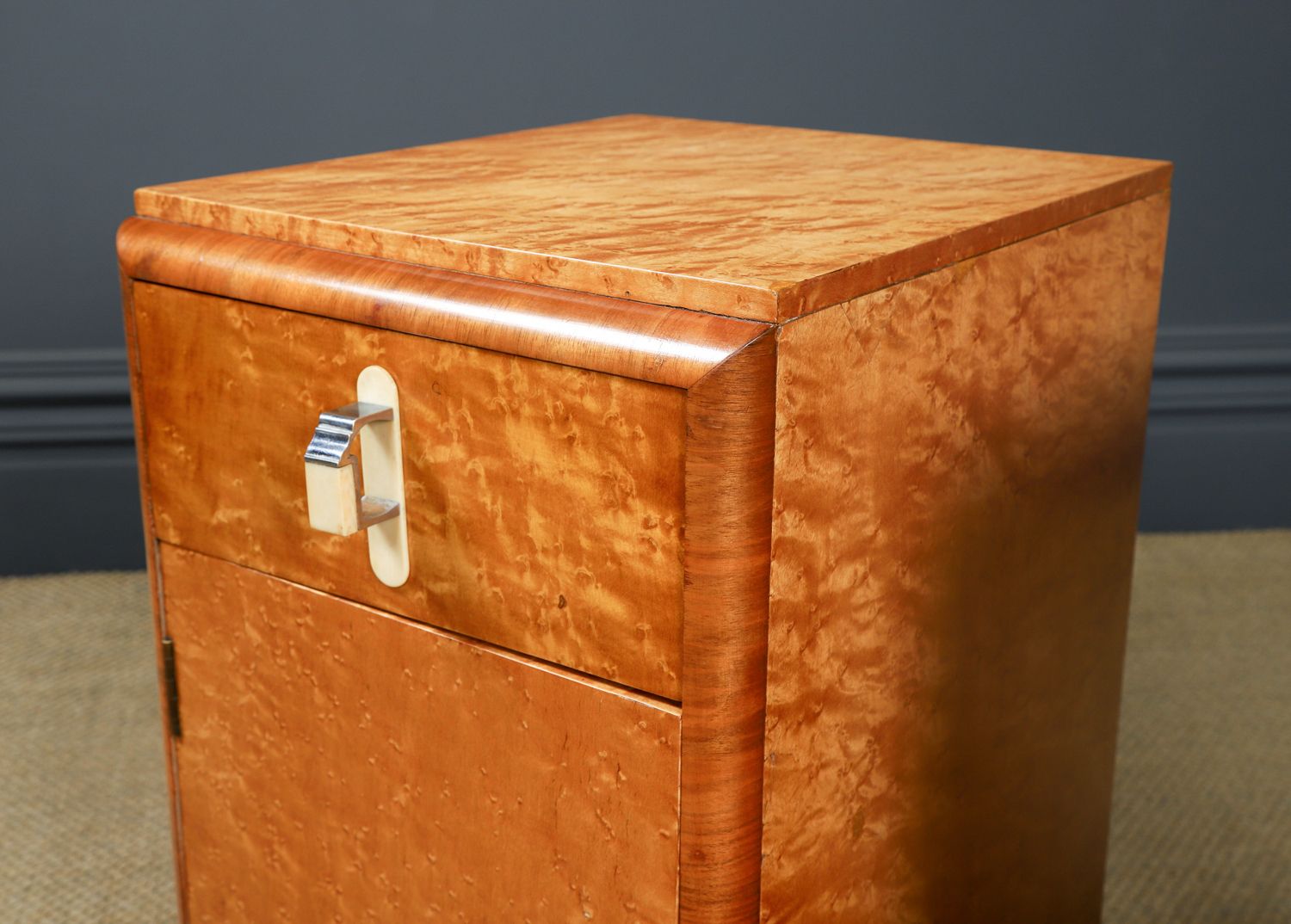 photo furniture English Pair Of Art Deco Birds Eye Maple & Walnut Bedsides Cupboards Chests Cabinets Tables Nightstands (Circa 1930)
