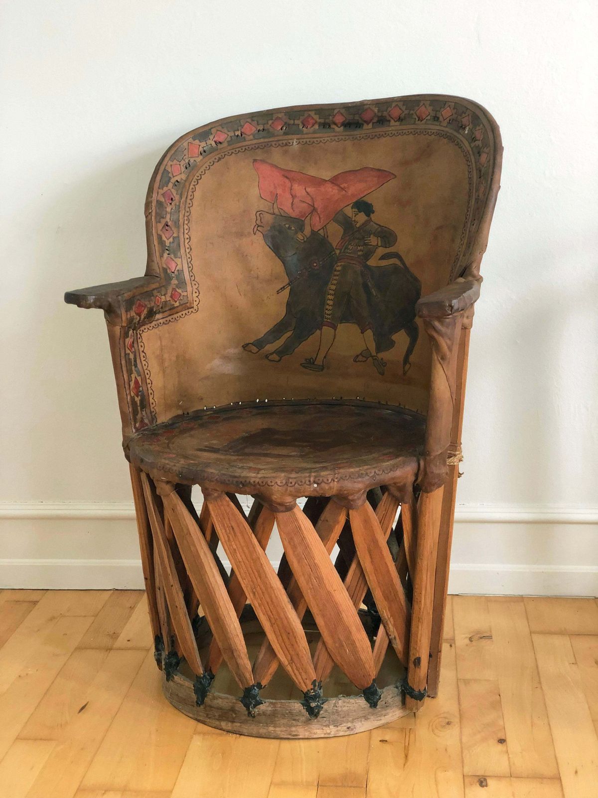 Mexican Equipale Folk Art Chair With Hand Painted Bullfight Scene 1930s