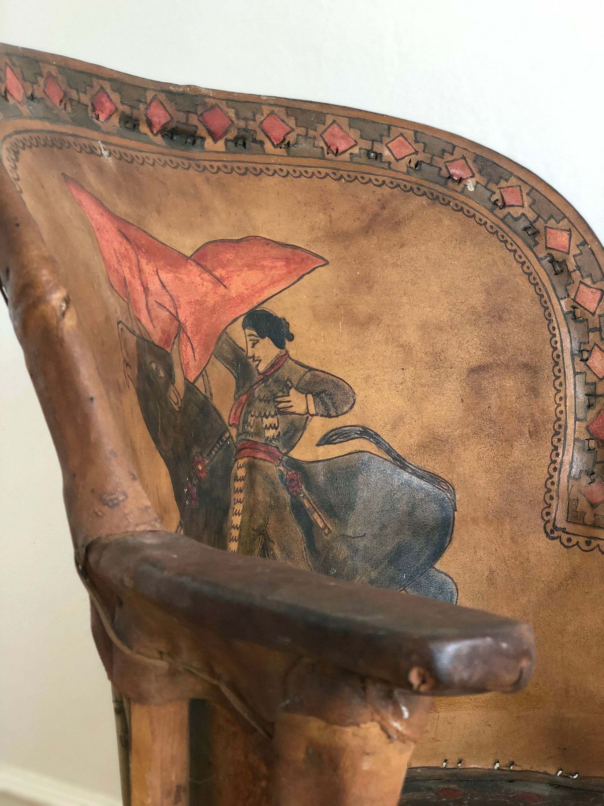 Mexican Equipale Folk Art Chair With Hand Painted Bullfight Scene 1930s photo furniture
