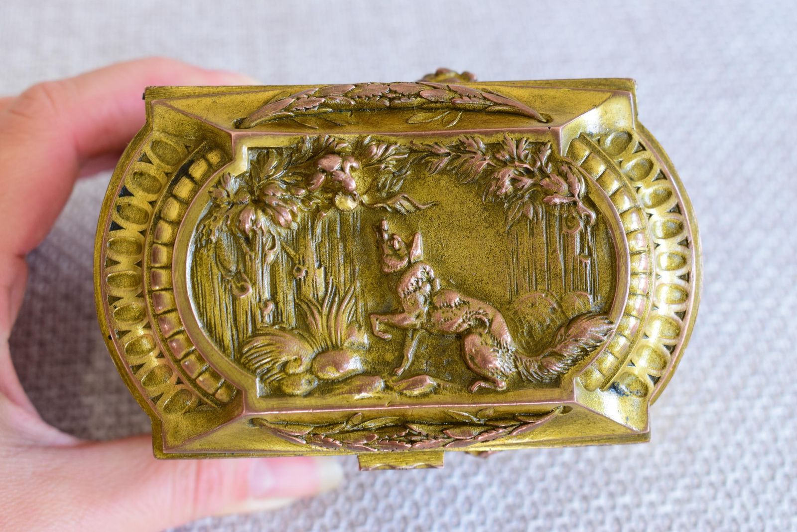 Rare Antique French Jewelry Casket The Fables Of Lafontaine, The Fox And The Crow Box, The Lion And The Rat photo buy