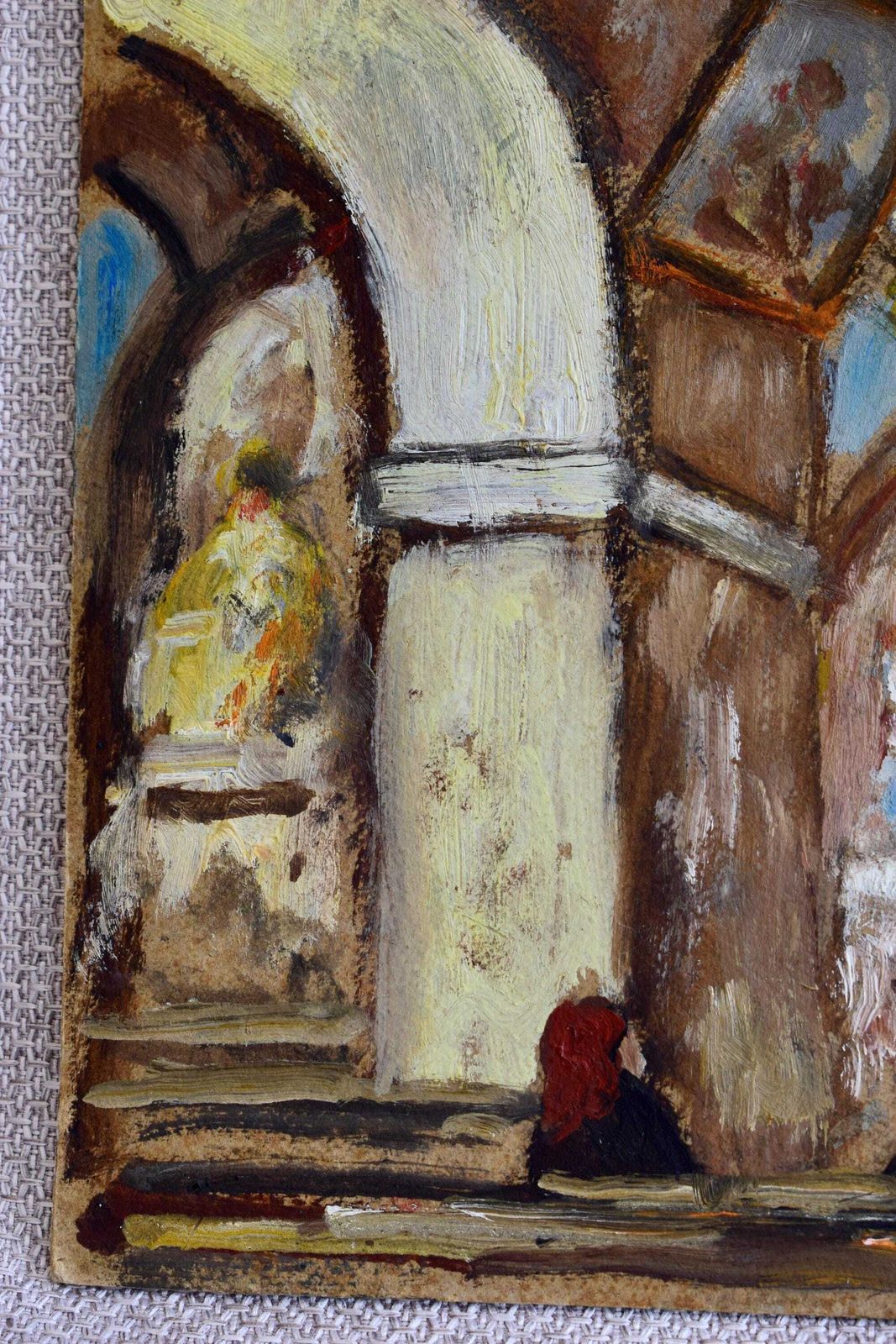 Impressionist Oil Painting On Panel Signed, French Vintage Church Interior Painting Original Art photo vintage