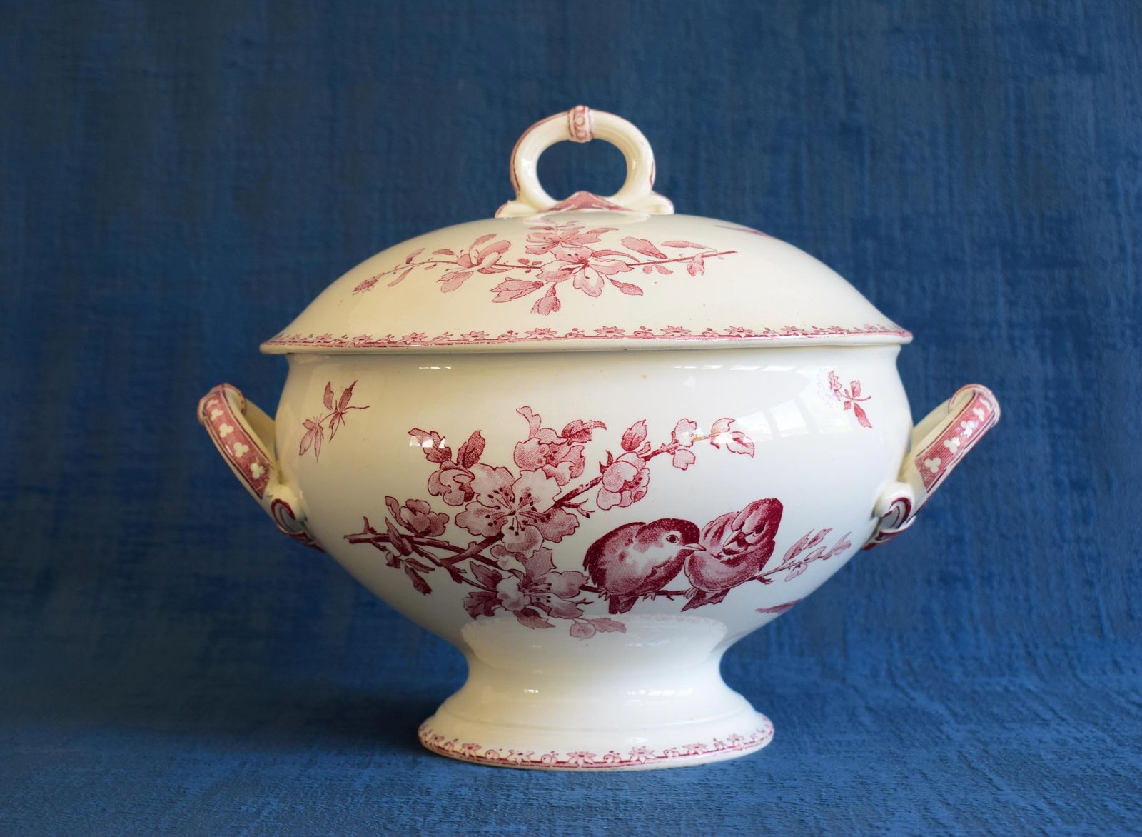 Sarreguemines Red Favori Soup Tureen, Antique French Birds Ironstone photo furniture