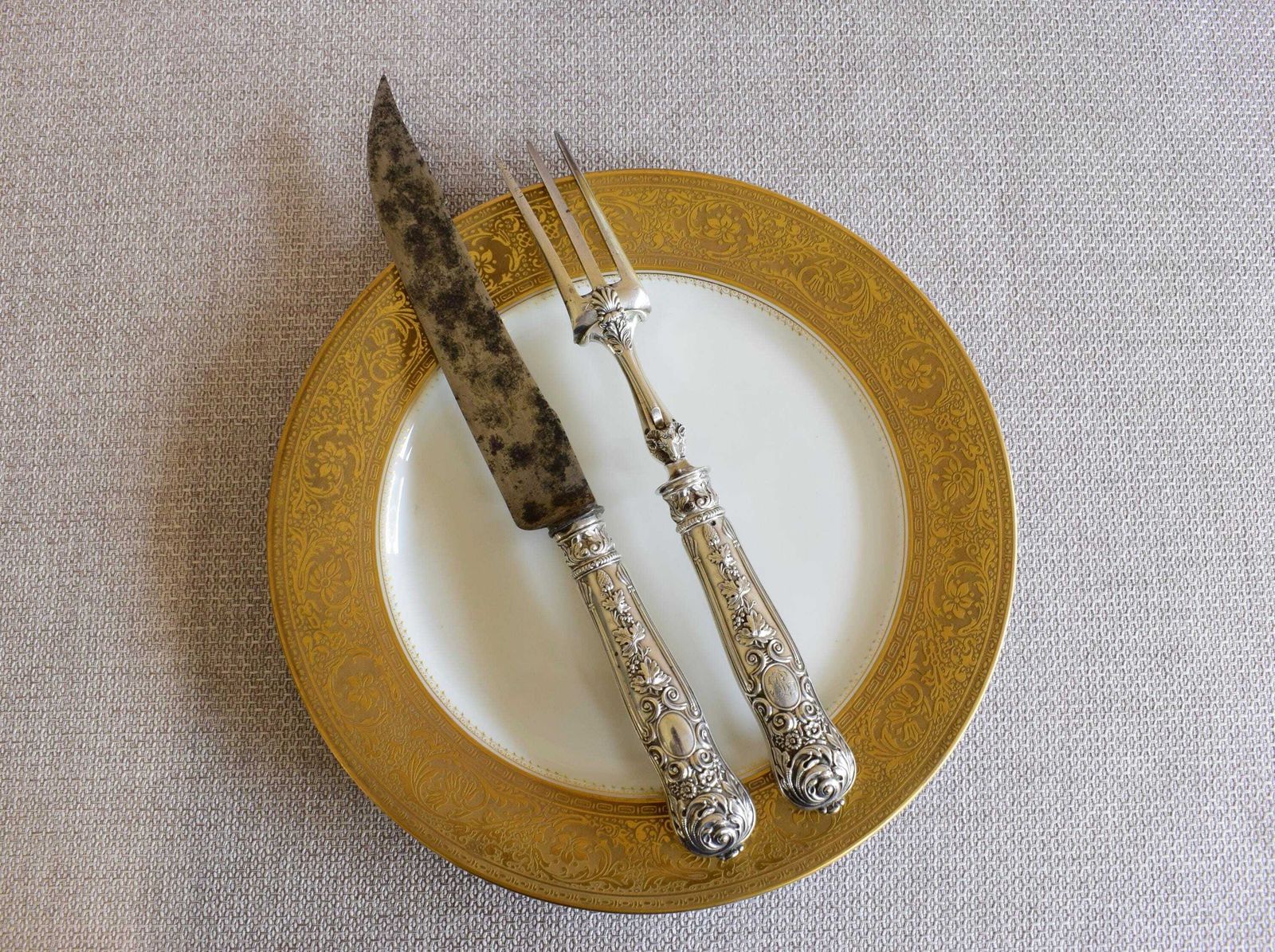 Rare 2pc Silver Carving Set By Gillot, Roast Knife And Fork, 1830's Billy Goat Silverware, French Antique Turkey Knife