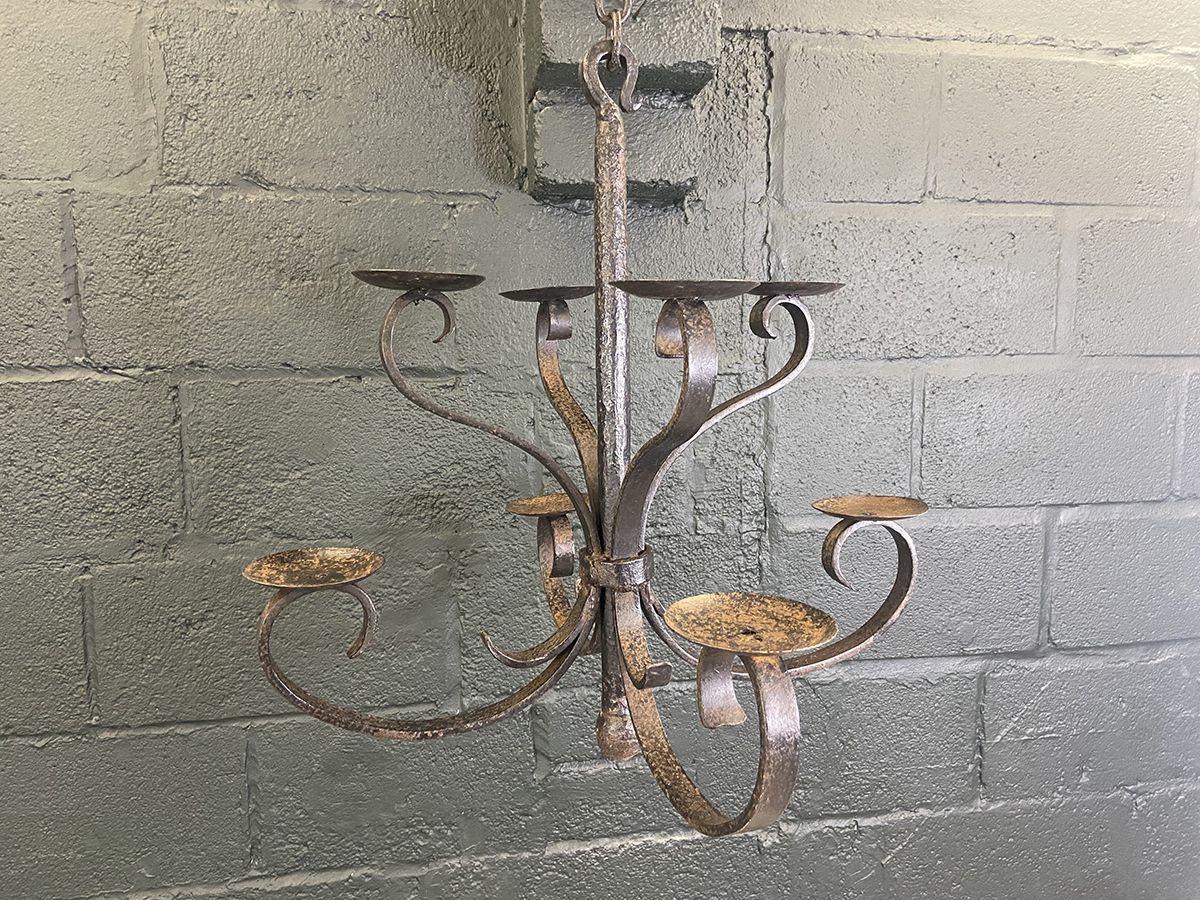 495.0 French Antique Wrought Iron Candle Chandelier photo
