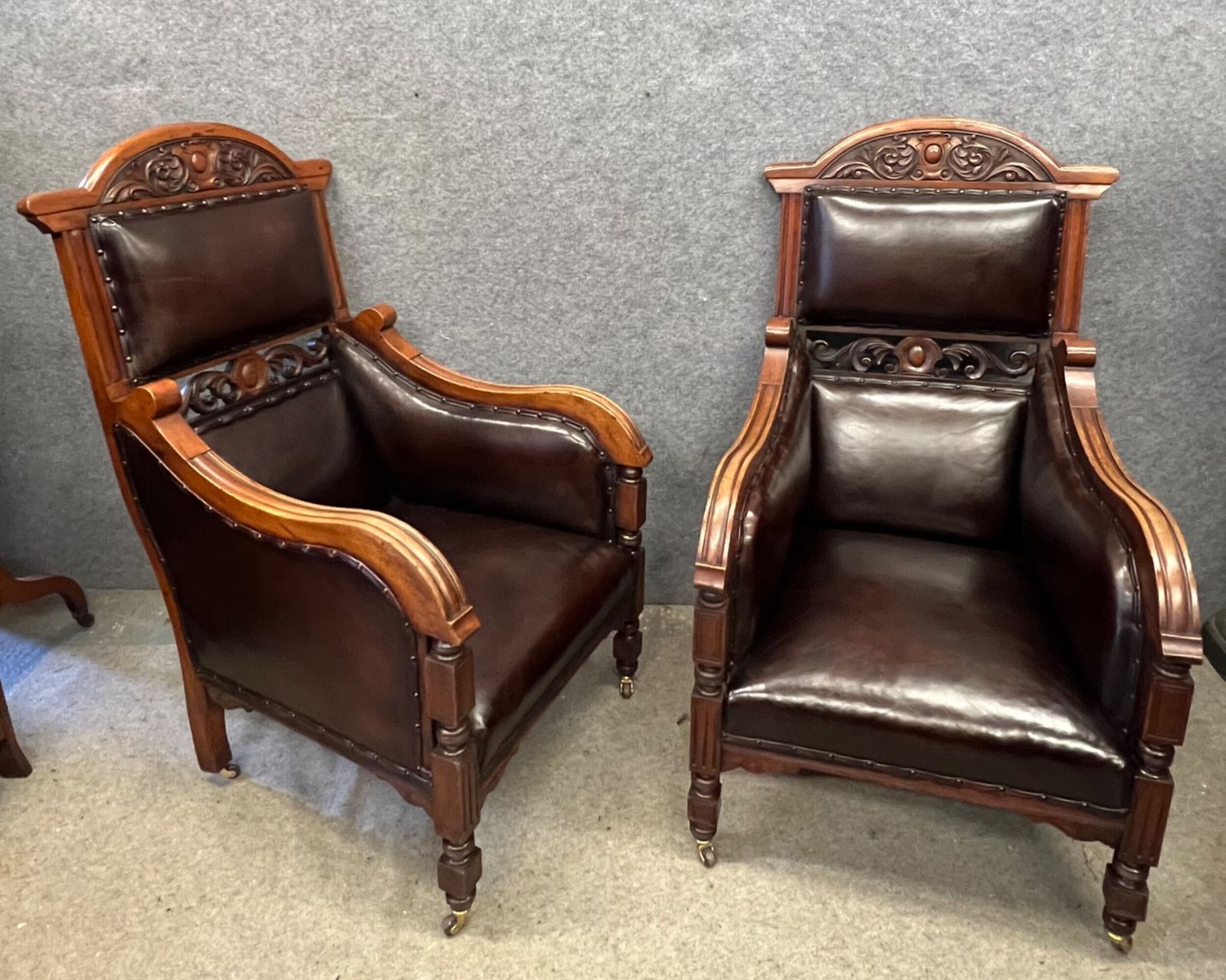 Furniture Pair Of Antique Walnut & Leather Armchairs photo