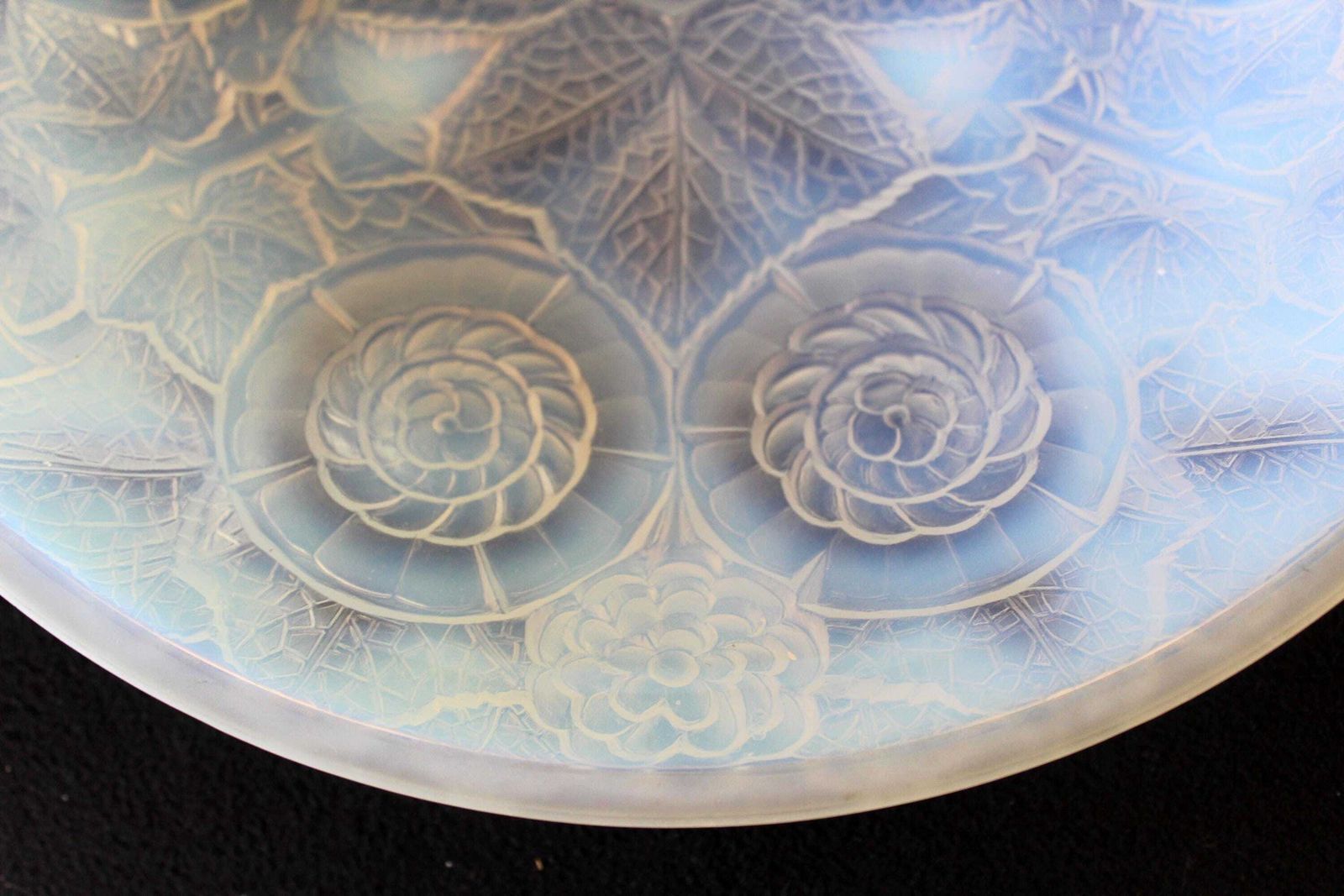 Large Round French Art Deco Opalescent Glass Globe Or Platter, Bowl, Ceiling Light Replacement Globe Or Charger, Art Glass Moulded photo for sale