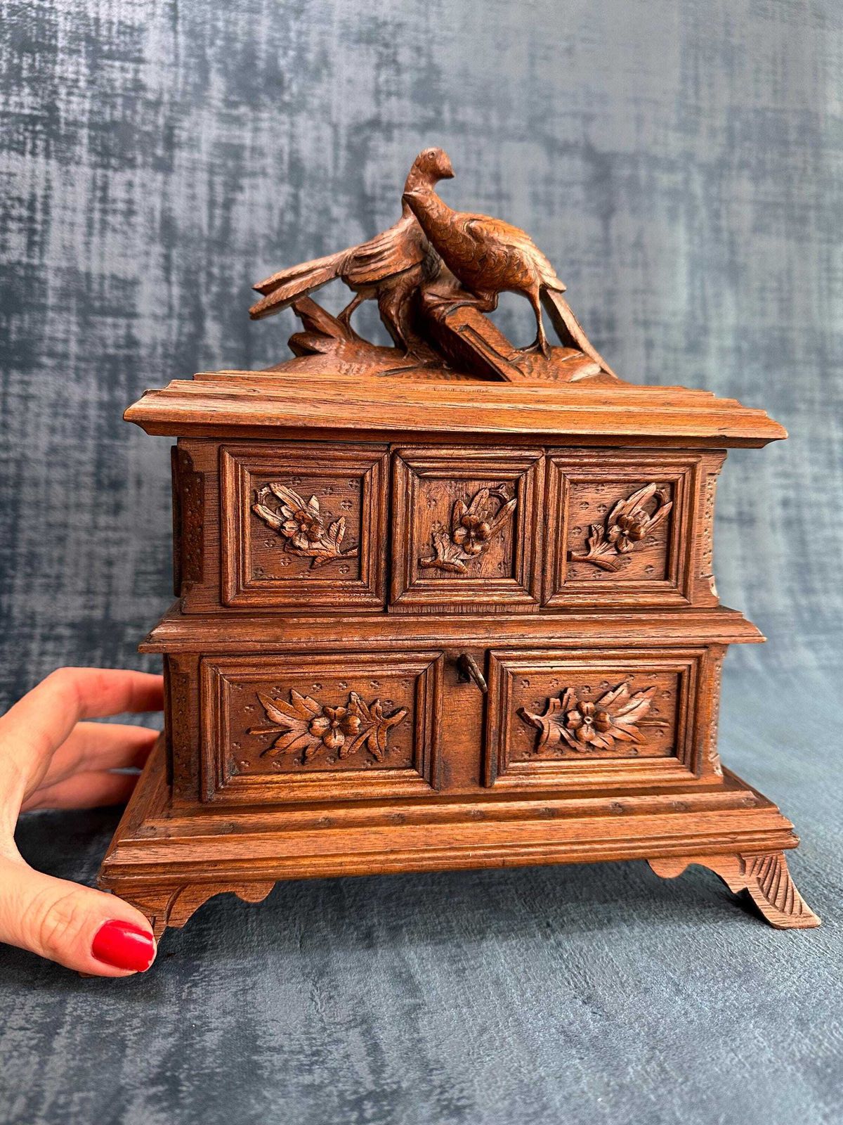 Antique Black Forest Jewelry Casket, Carved Wood Birds Pheasant Box Cabinet, Gift For Her photo furniture
