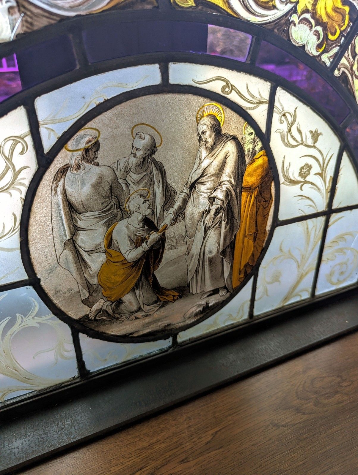 photo for sale Beautiful 19th C Religious Hand Painted Stained Glass Steel Stand Delivery Available 0110.