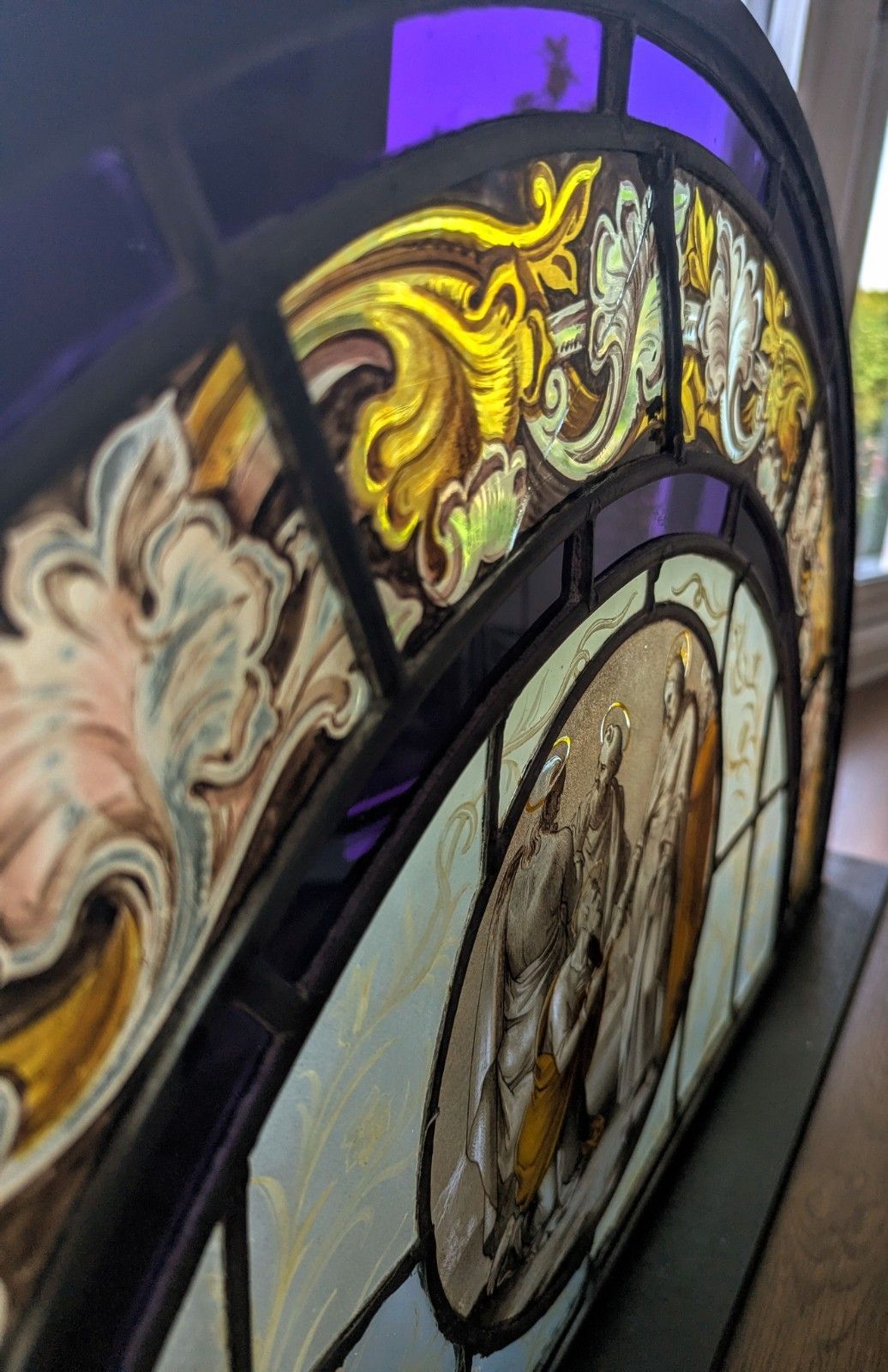 photo vinterior Beautiful 19th C Religious Hand Painted Stained Glass Steel Stand Delivery Available 0110.