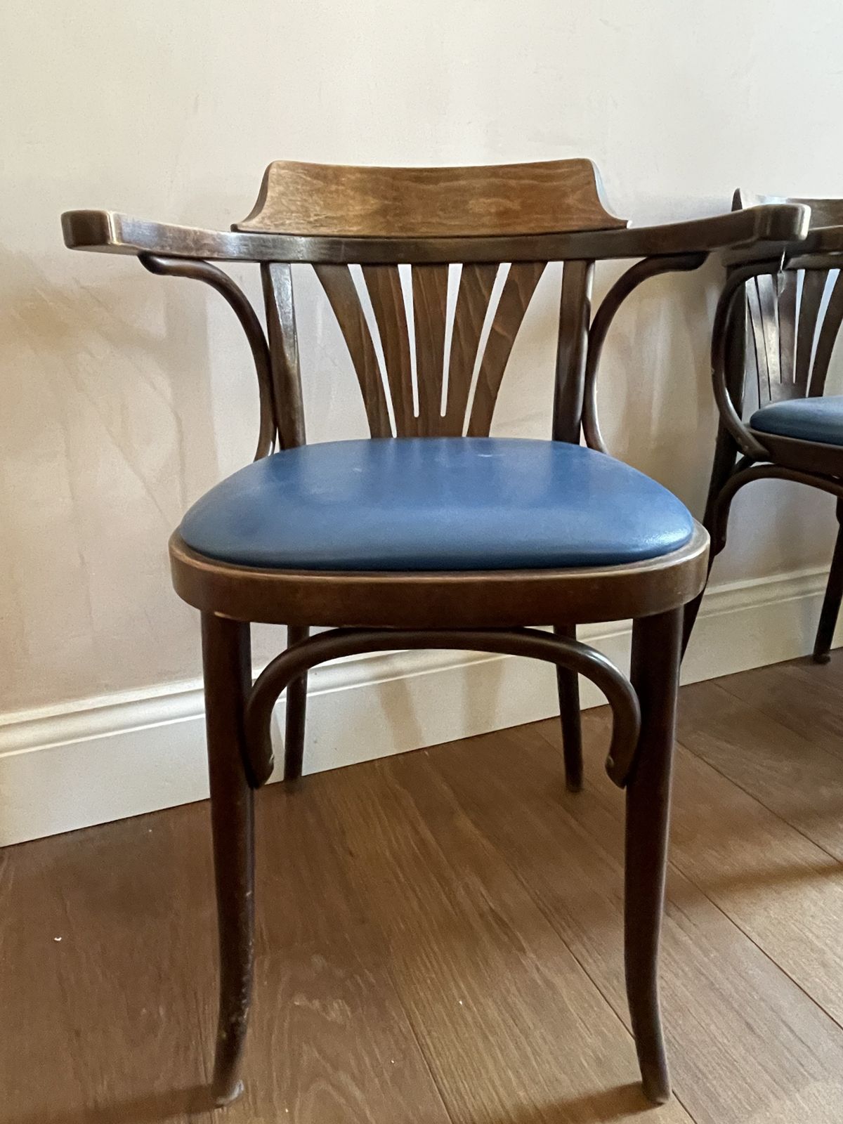1970's French Fan Back Upholstered Bentwood Dining Arm Chair (Set Of 4)
