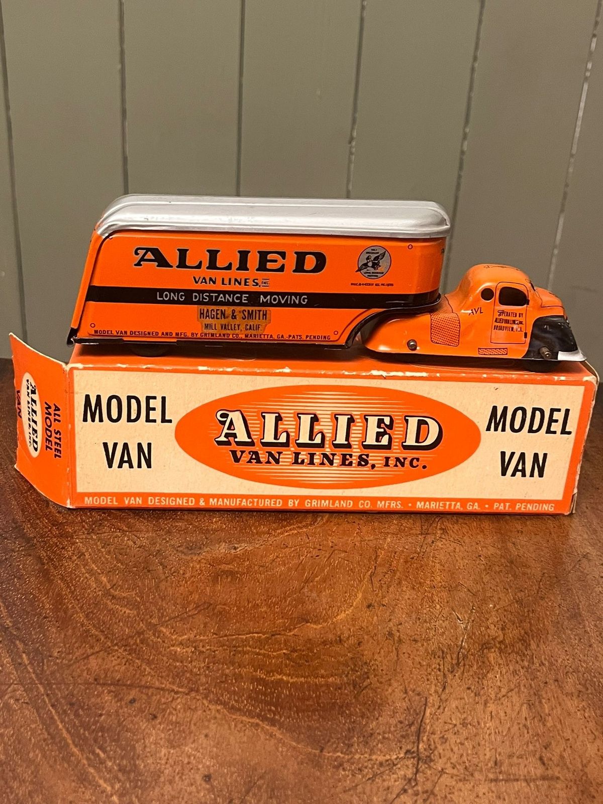 1930's American Grimland Co Tin Litho Allied Moving Van Lines Truck W/ Box photo furniture